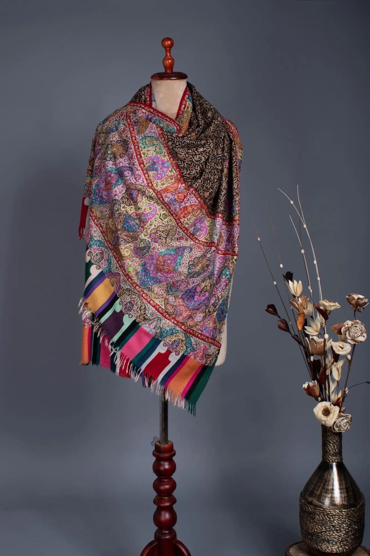 Warm and Artistic Hand painted and Embroidered Pashmina Shawl - CUMILLA Shahkaar