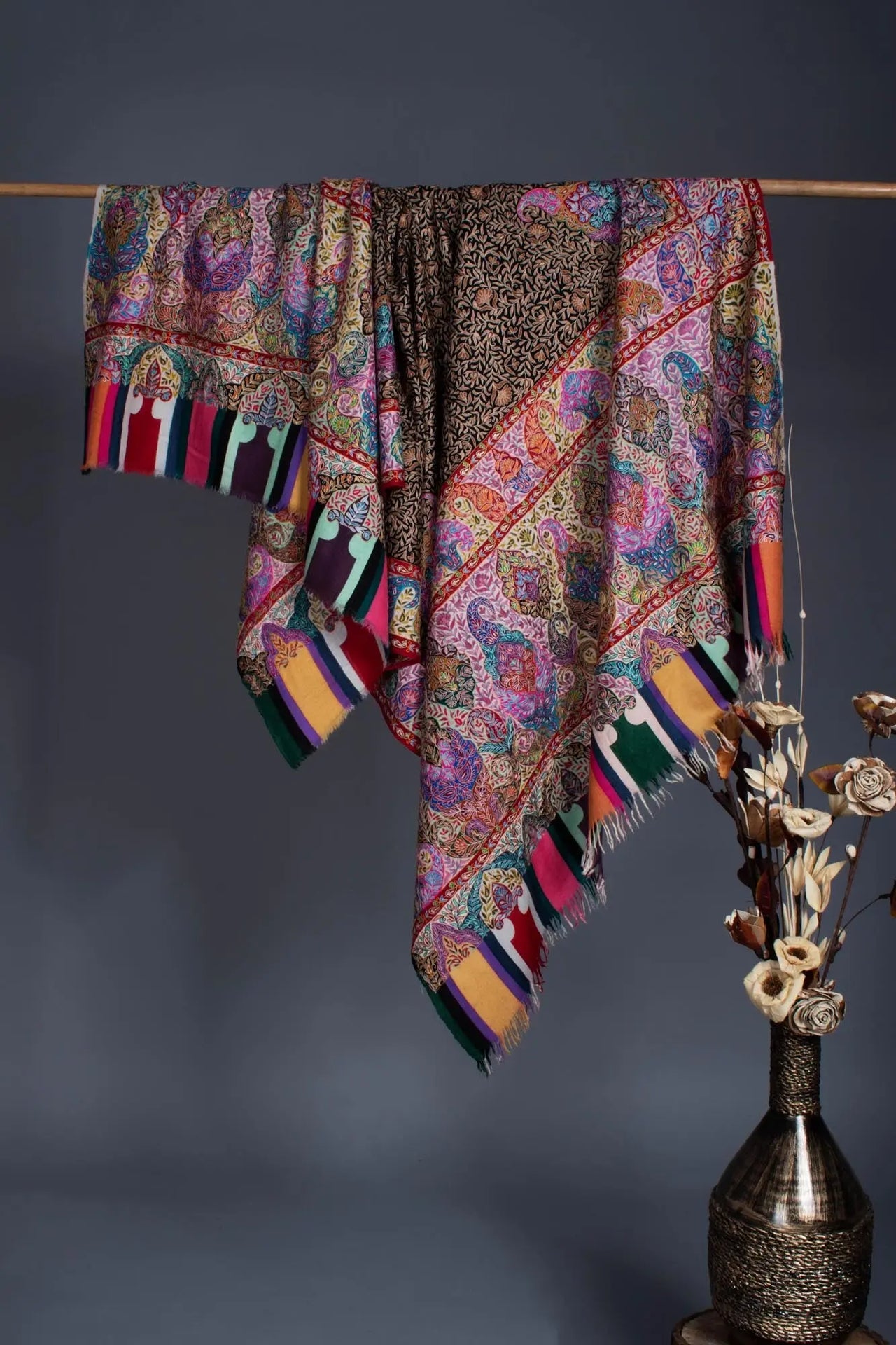 Warm and Artistic Hand painted and Embroidered Pashmina Shawl - CUMILLA Shahkaar