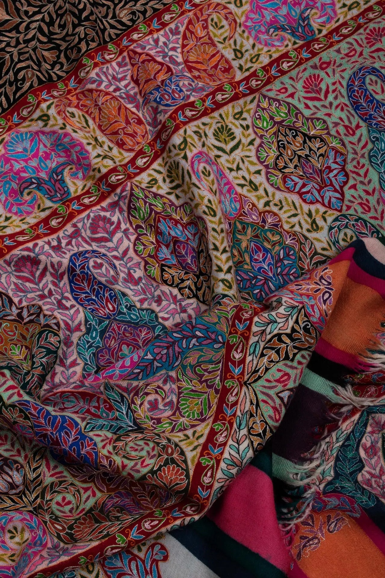 Warm and Artistic Hand painted and Embroidered Pashmina Shawl - CUMILLA Shahkaar