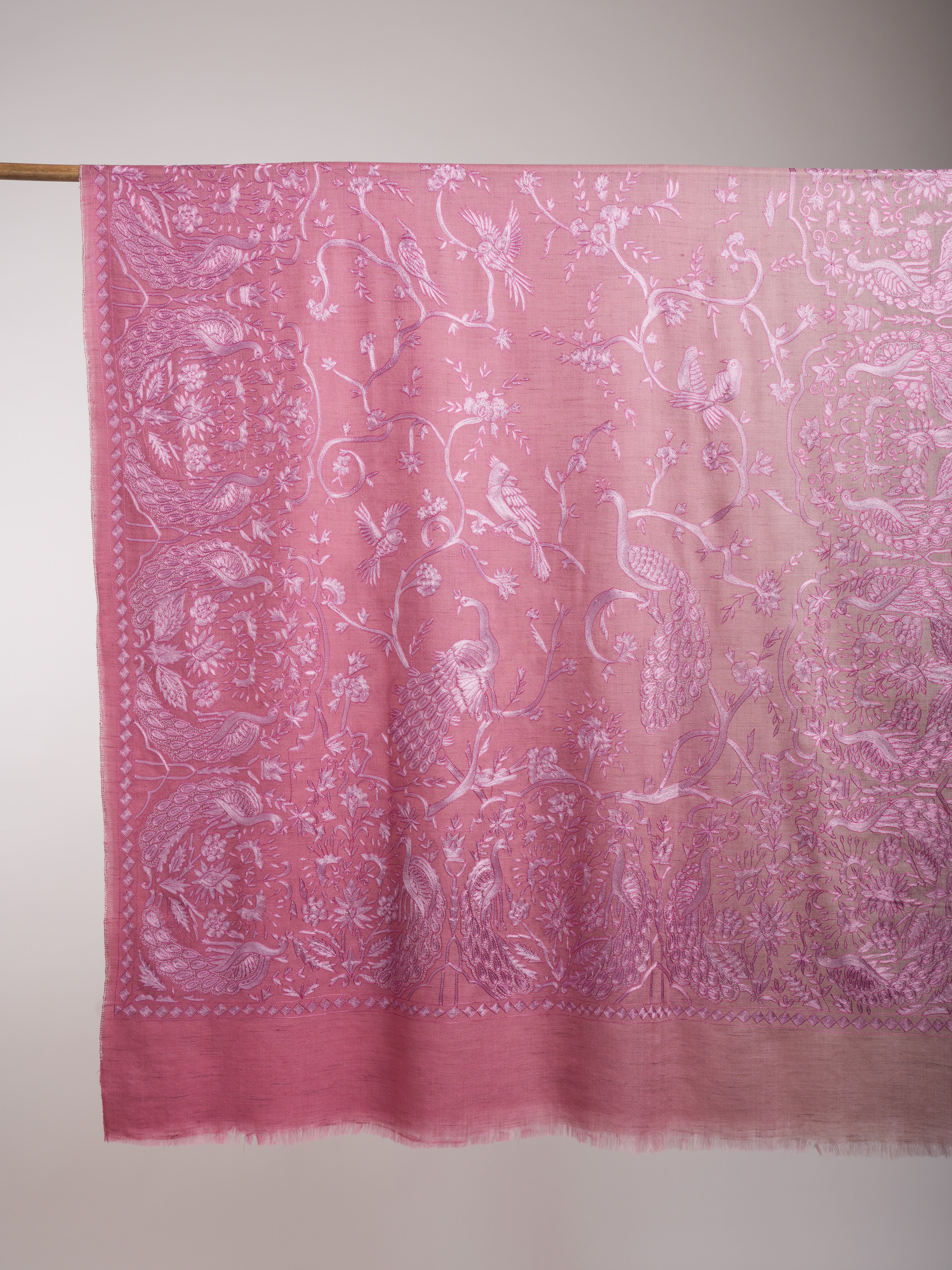 Châle Jamavar Pashmina Brodé Paon Rose Bébé Ombre