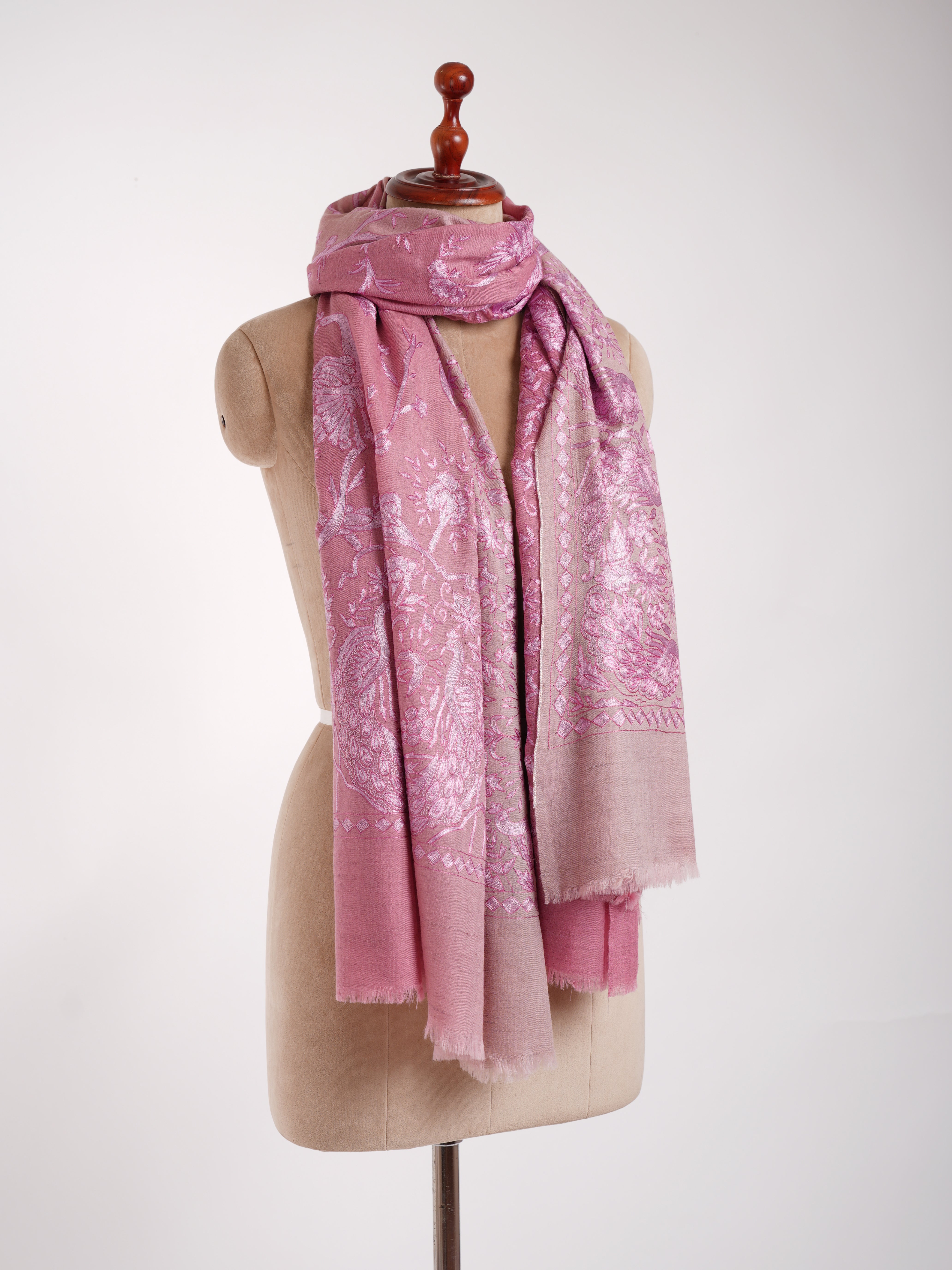 Châle Jamavar Pashmina Brodé Paon Rose Bébé Ombre
