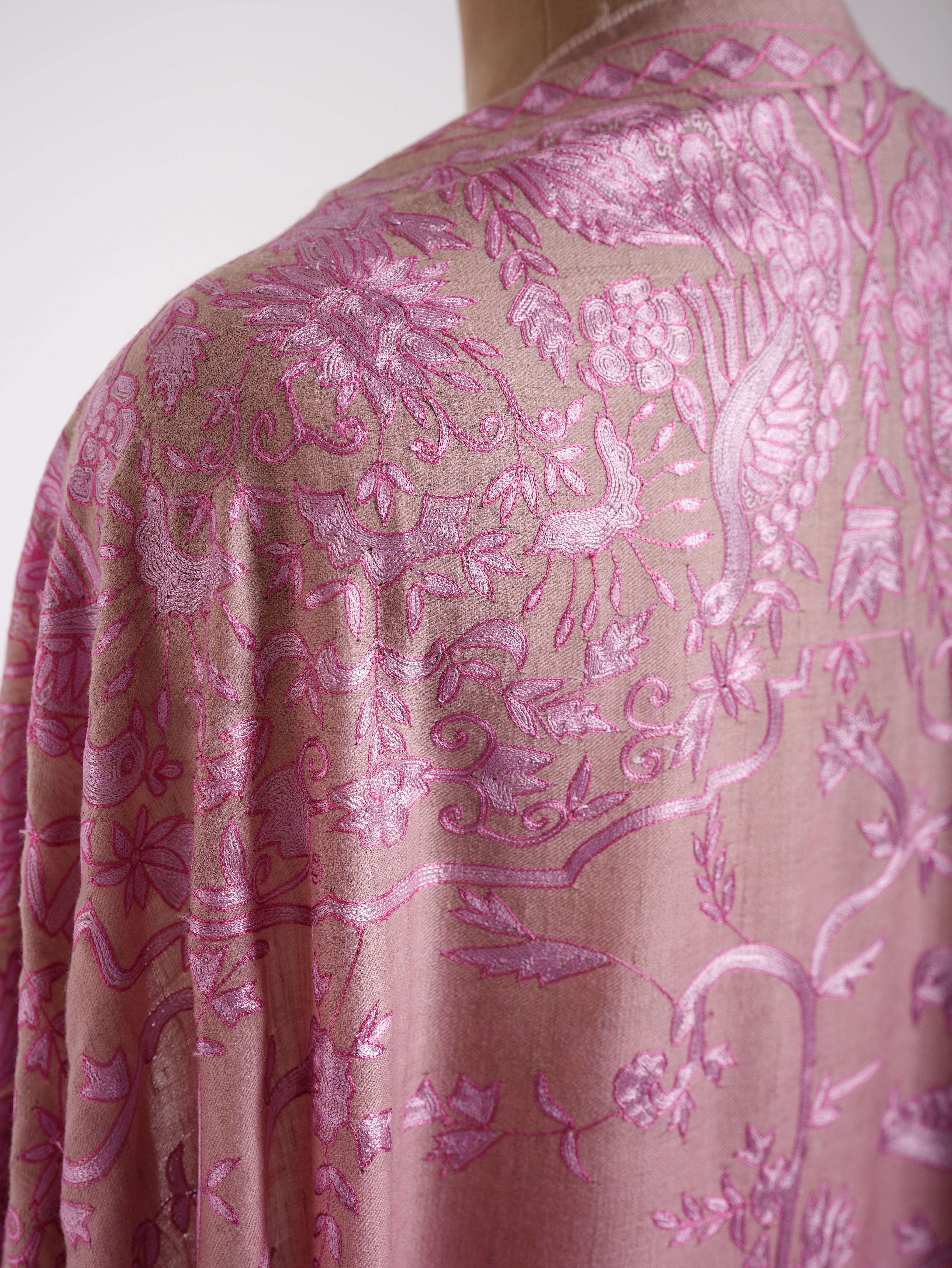 Châle Jamavar Pashmina Brodé Paon Rose Bébé Ombre