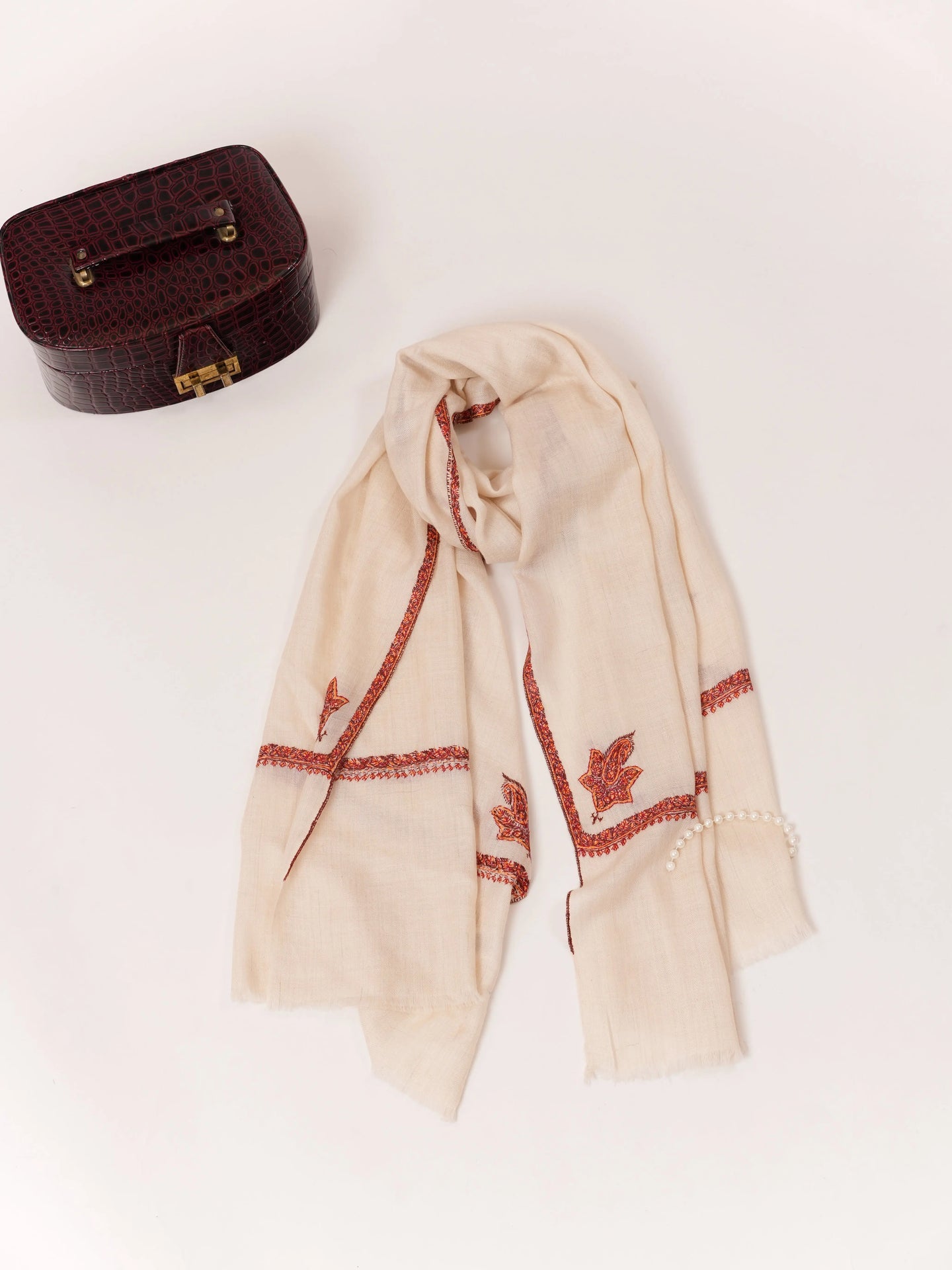 Natural Off White Bail Hand Embroidered Cashmere Scarf Shahkaar.com