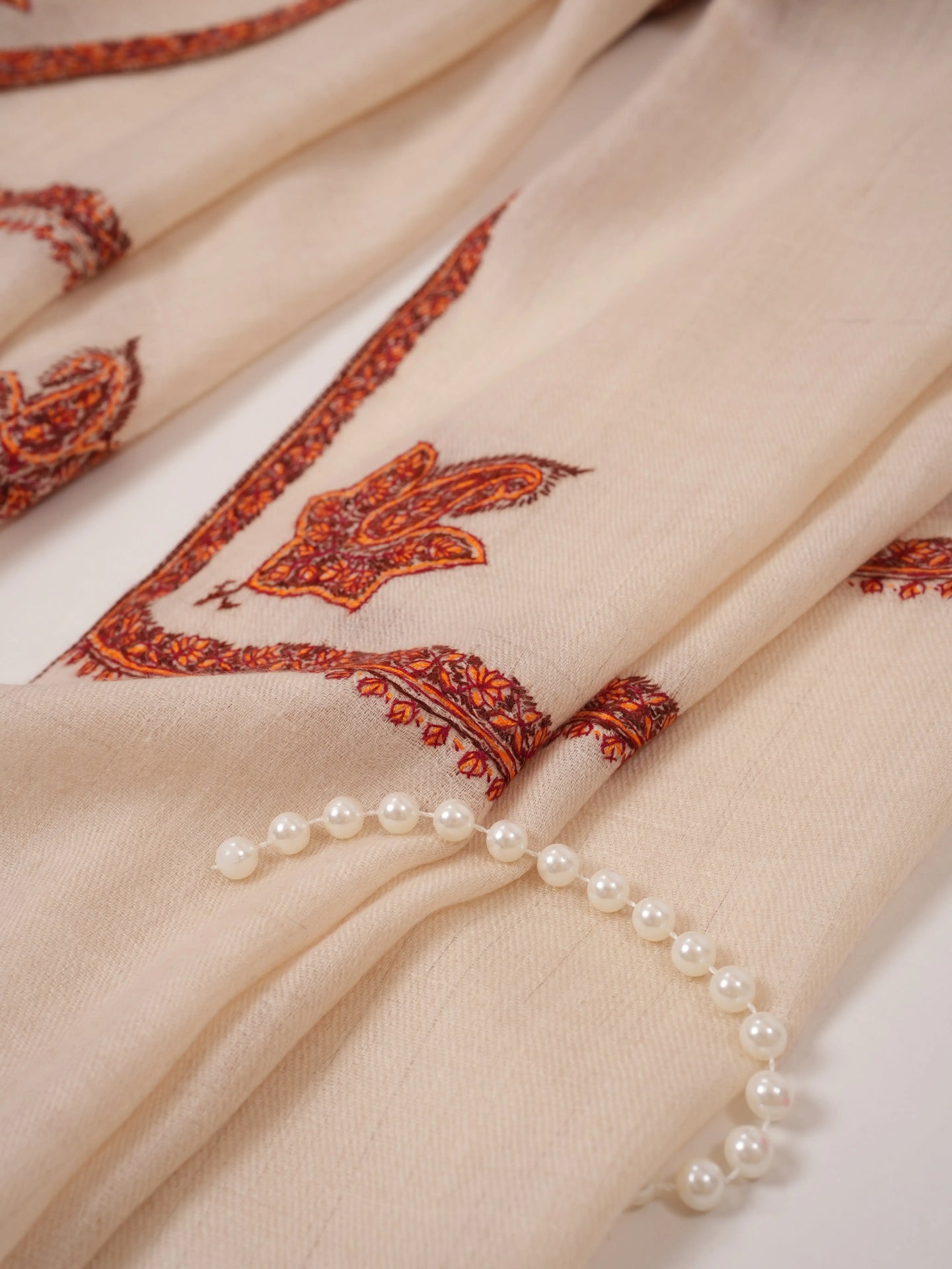Natural Off White Bail Hand Embroidered Cashmere Scarf Shahkaar.com