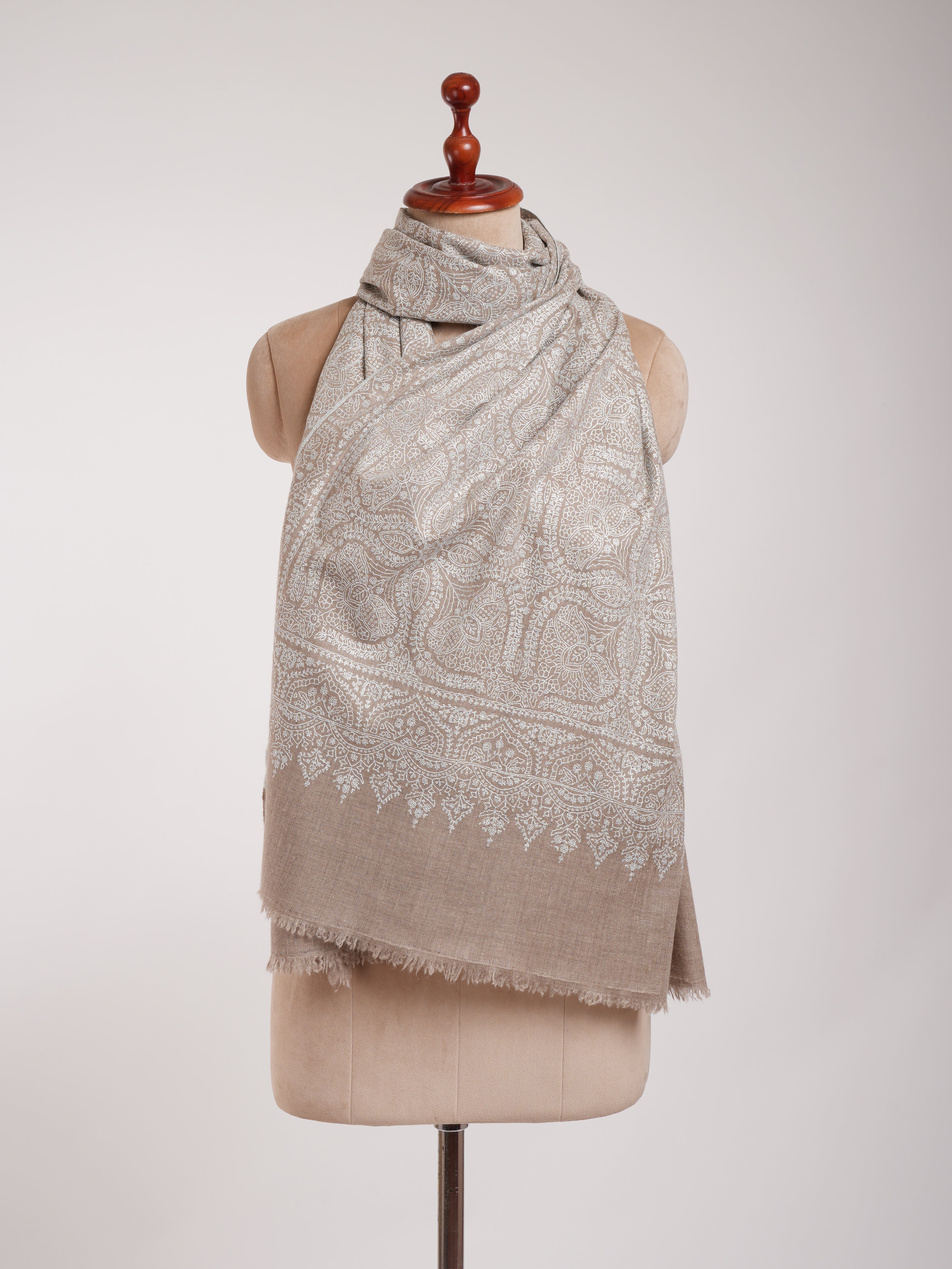 Grey Hand Embroidered Jamavar Pure Cashmere Scarf