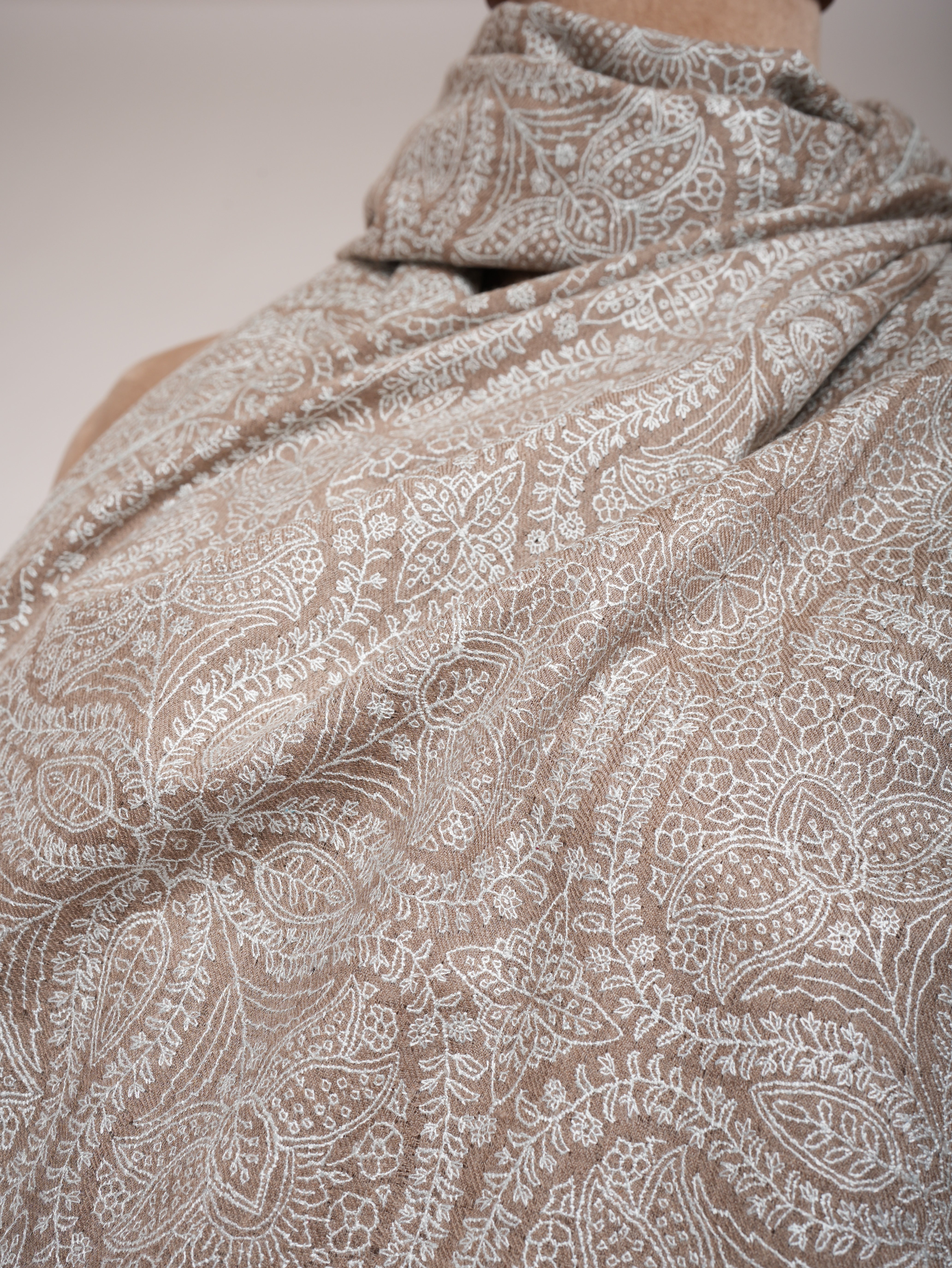 Grey Hand Embroidered Jamavar Pure Cashmere Scarf