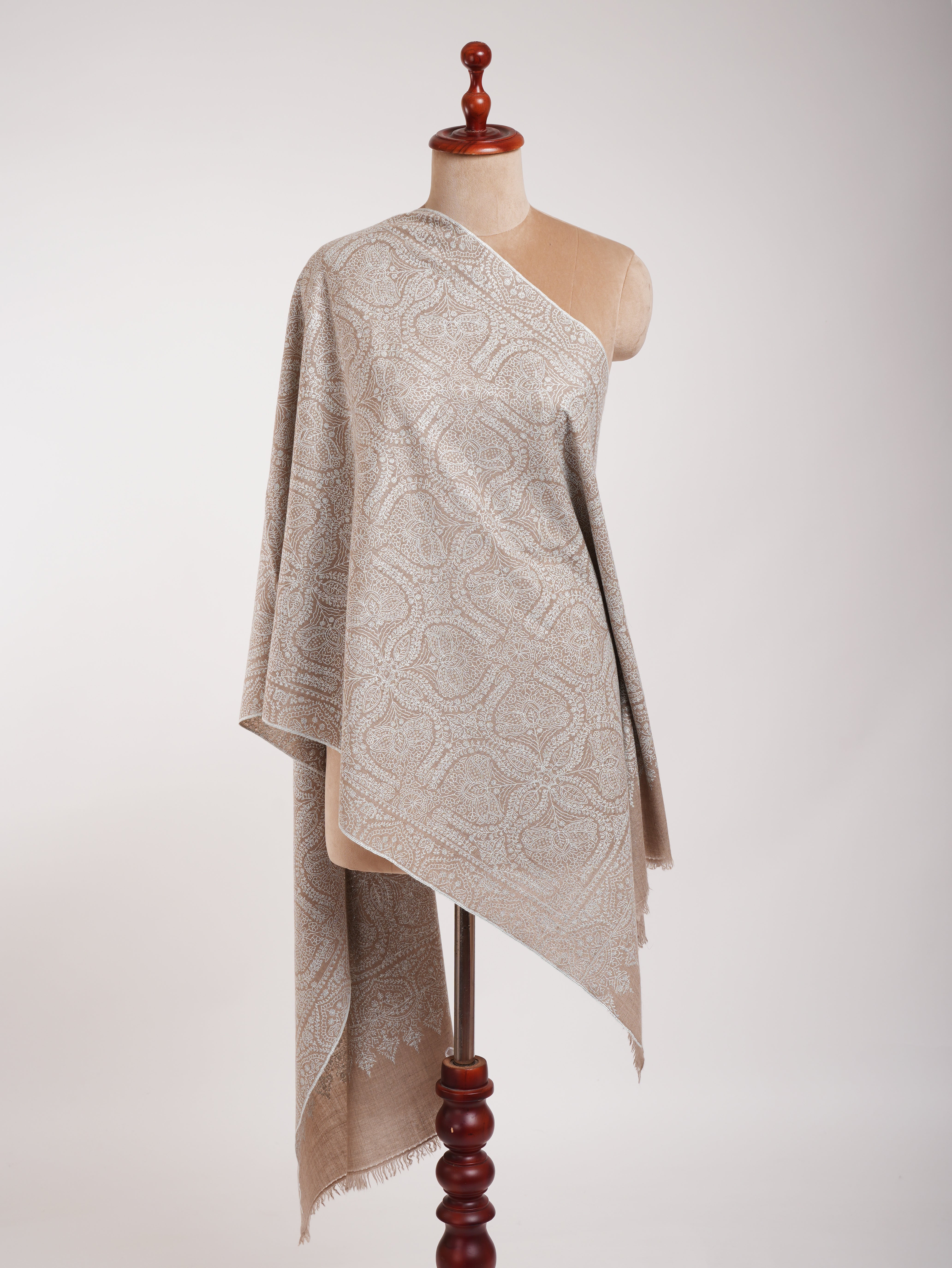 Grey Hand Embroidered Jamavar Pure Cashmere Scarf