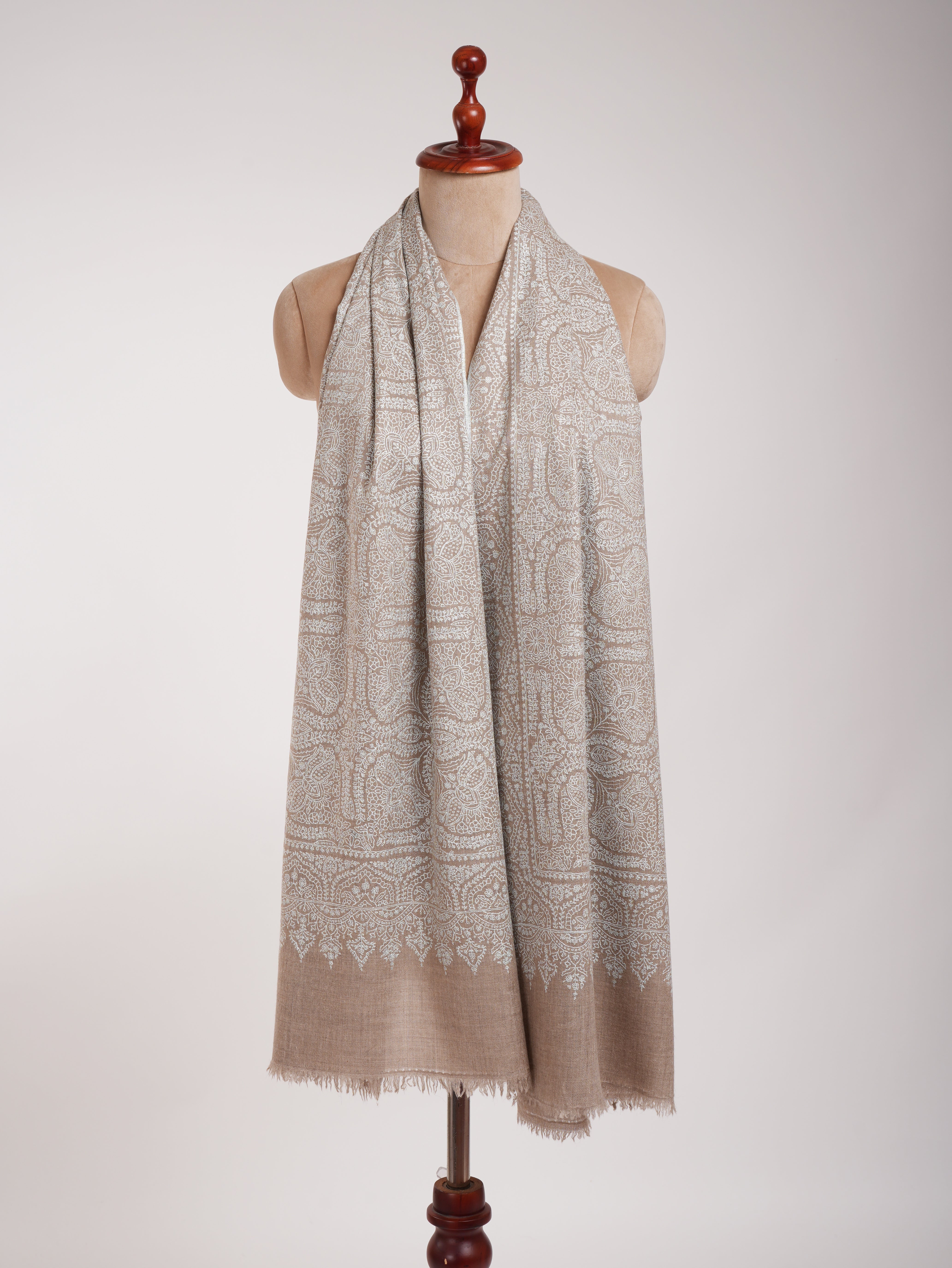 Grey Hand Embroidered Jamavar Pure Cashmere Scarf
