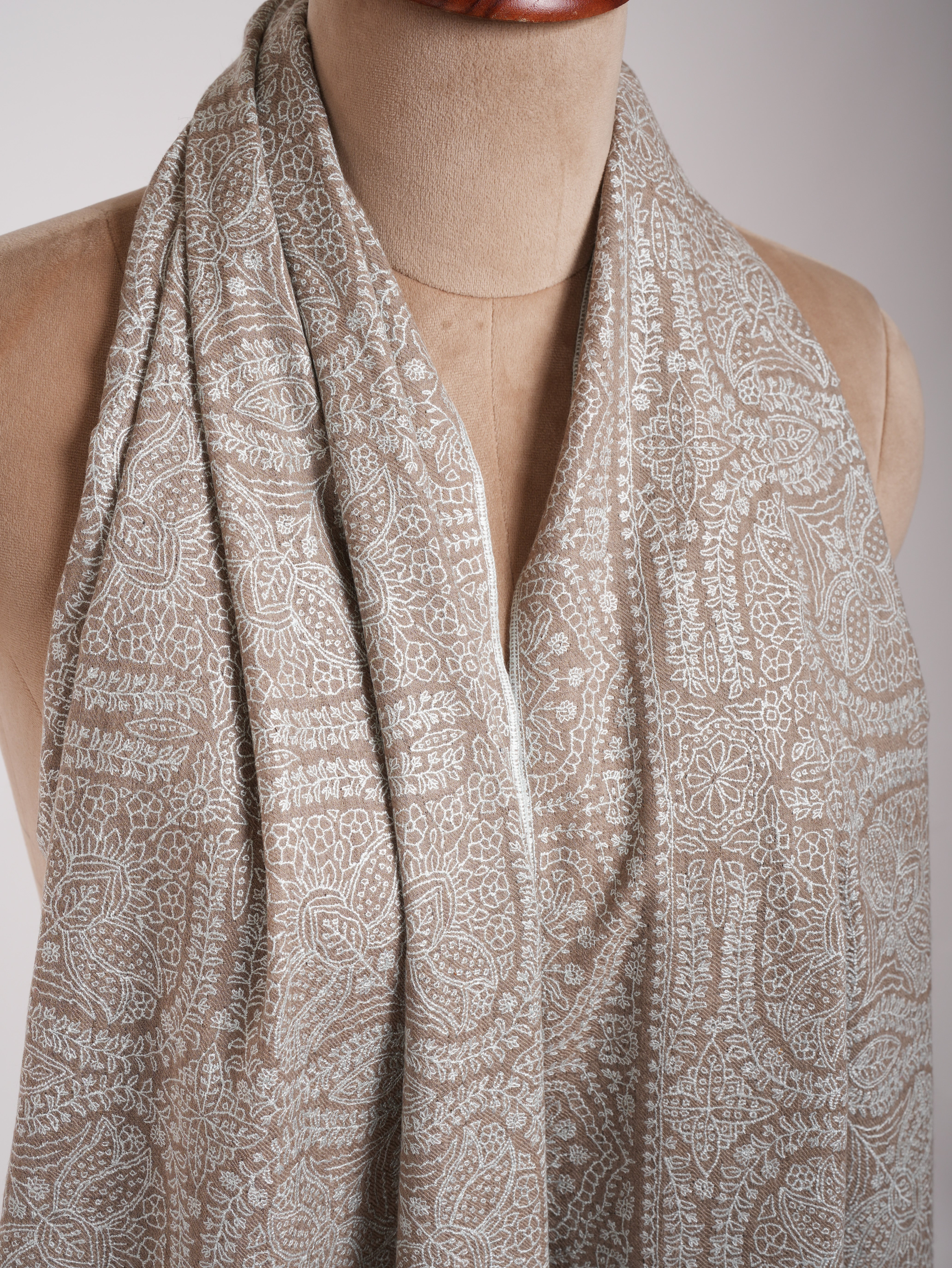 Grey Hand Embroidered Jamavar Pure Cashmere Scarf