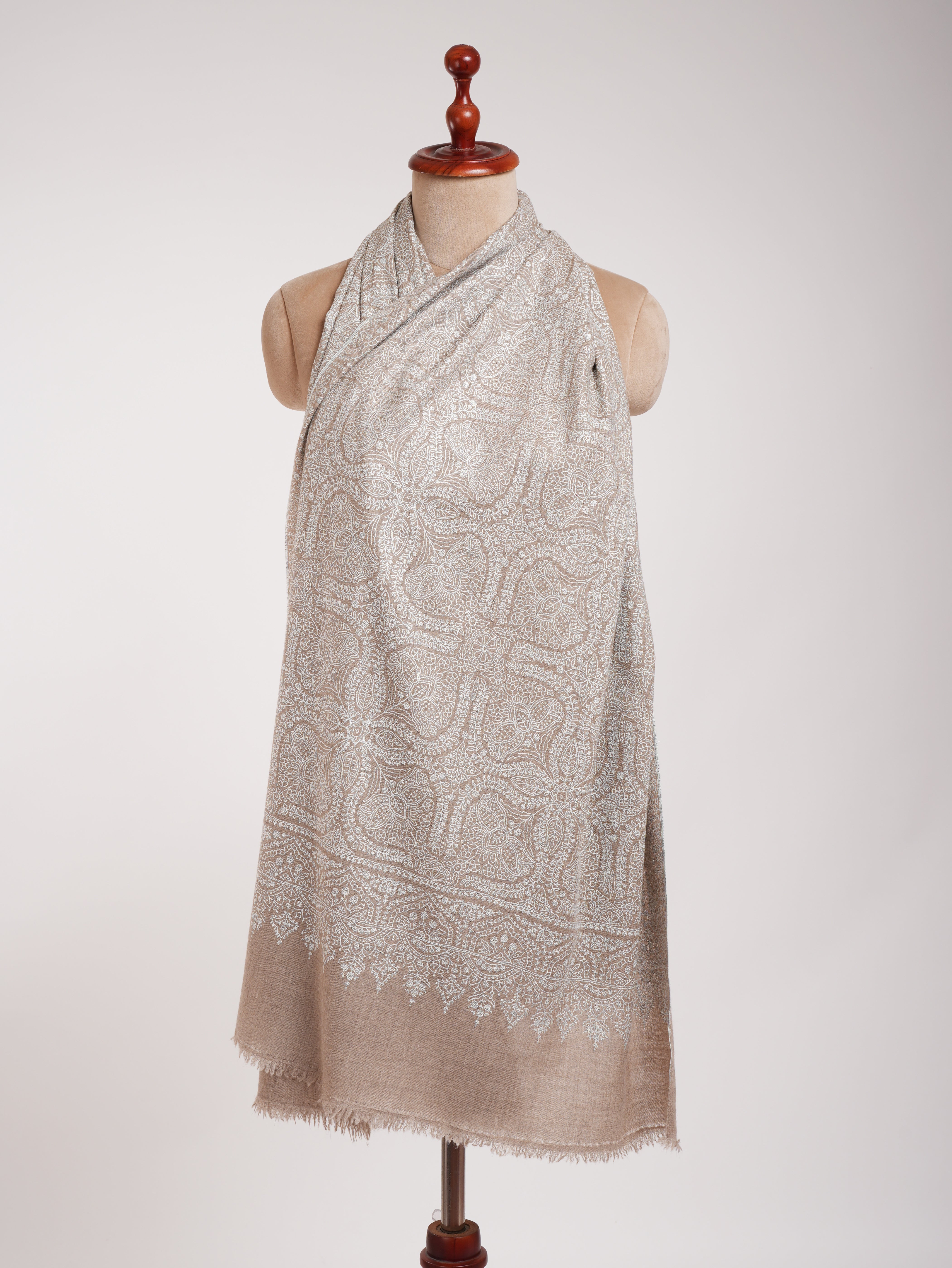 Grey Hand Embroidered Jamavar Pure Cashmere Scarf