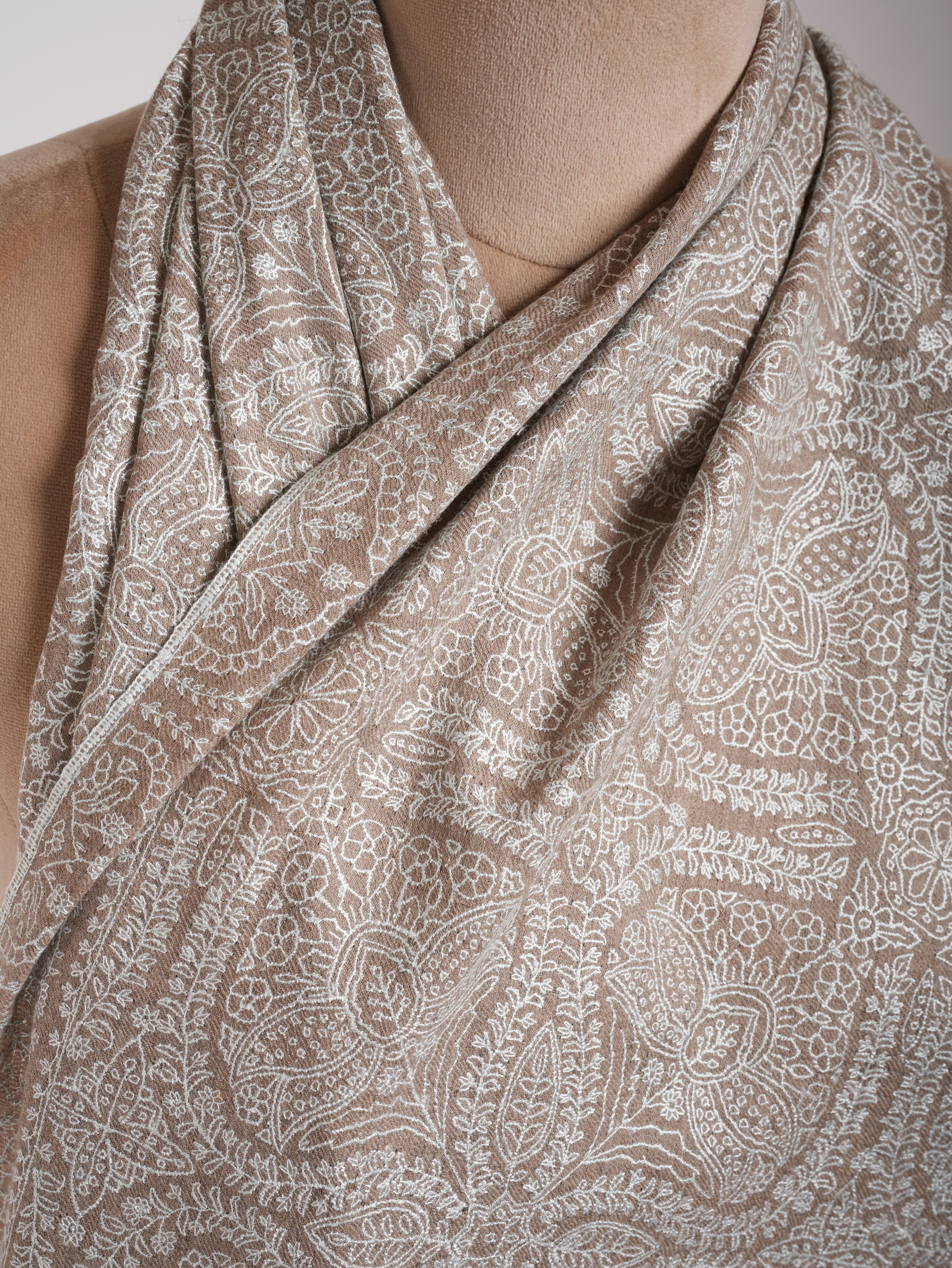 Grey Hand Embroidered Jamavar Pure Cashmere Scarf