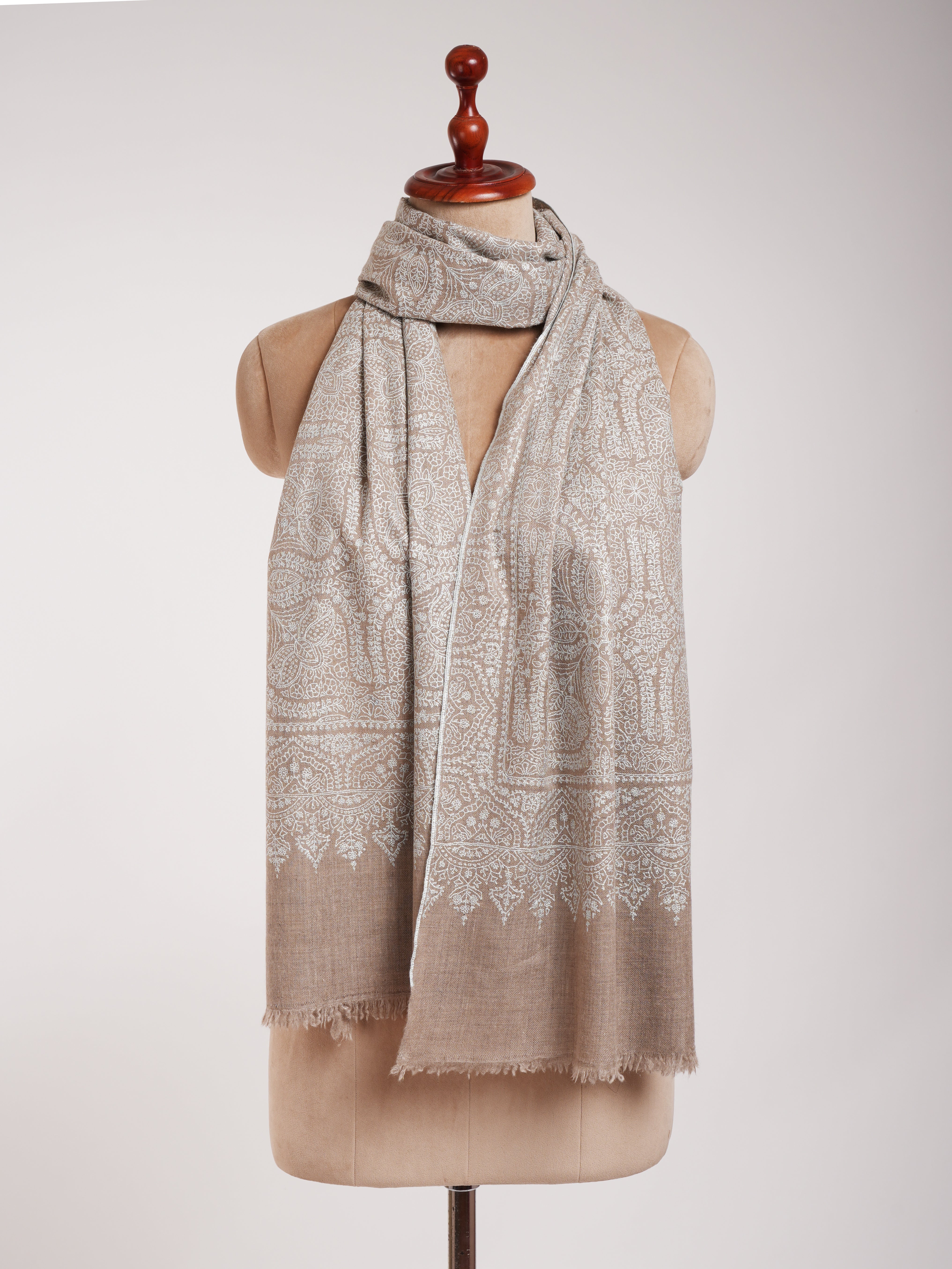 Grey Hand Embroidered Jamavar Pure Cashmere Scarf