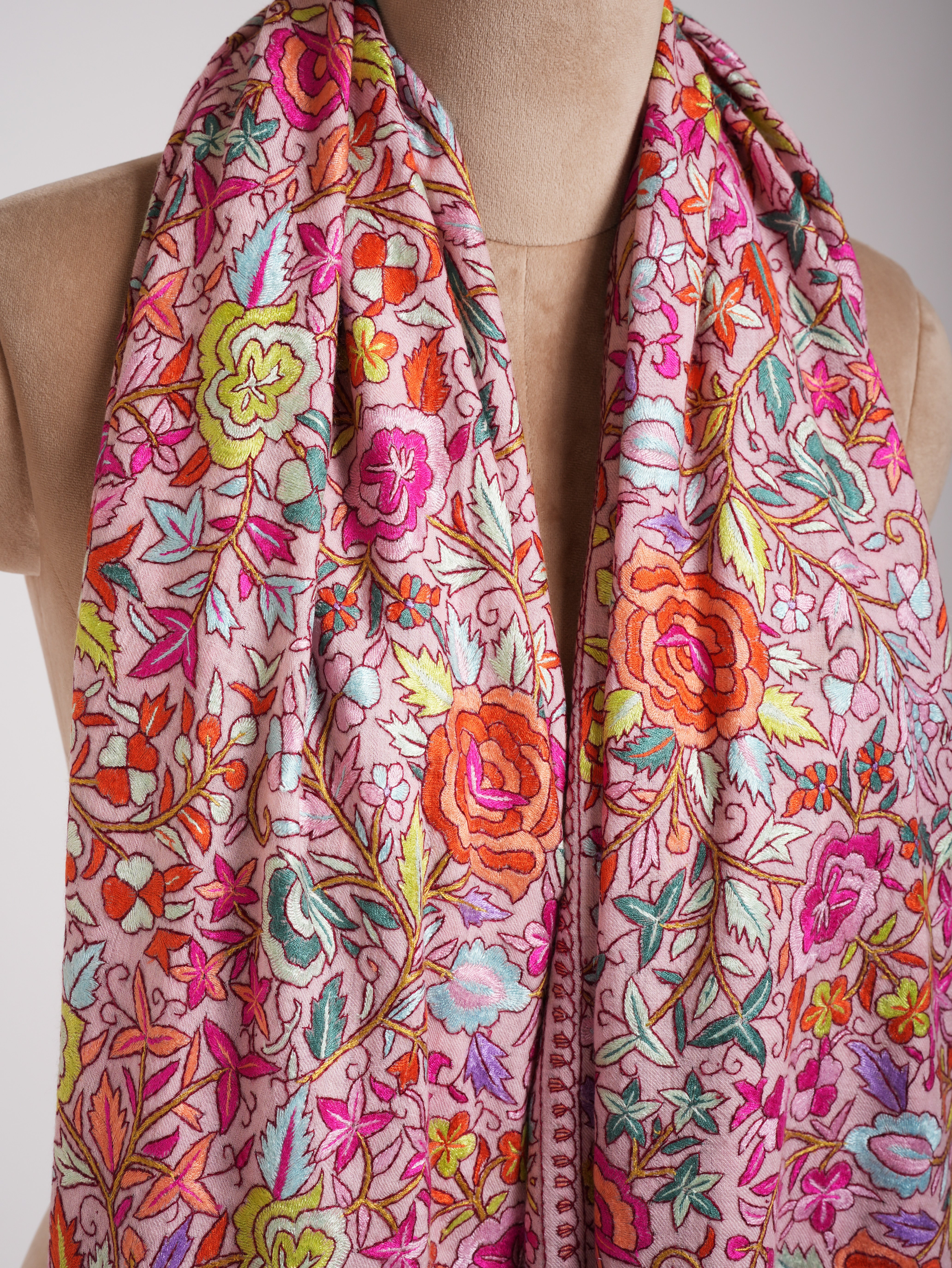 Baby Pink Paper Machie Embroidery Kashmiri Pashmina Shawl