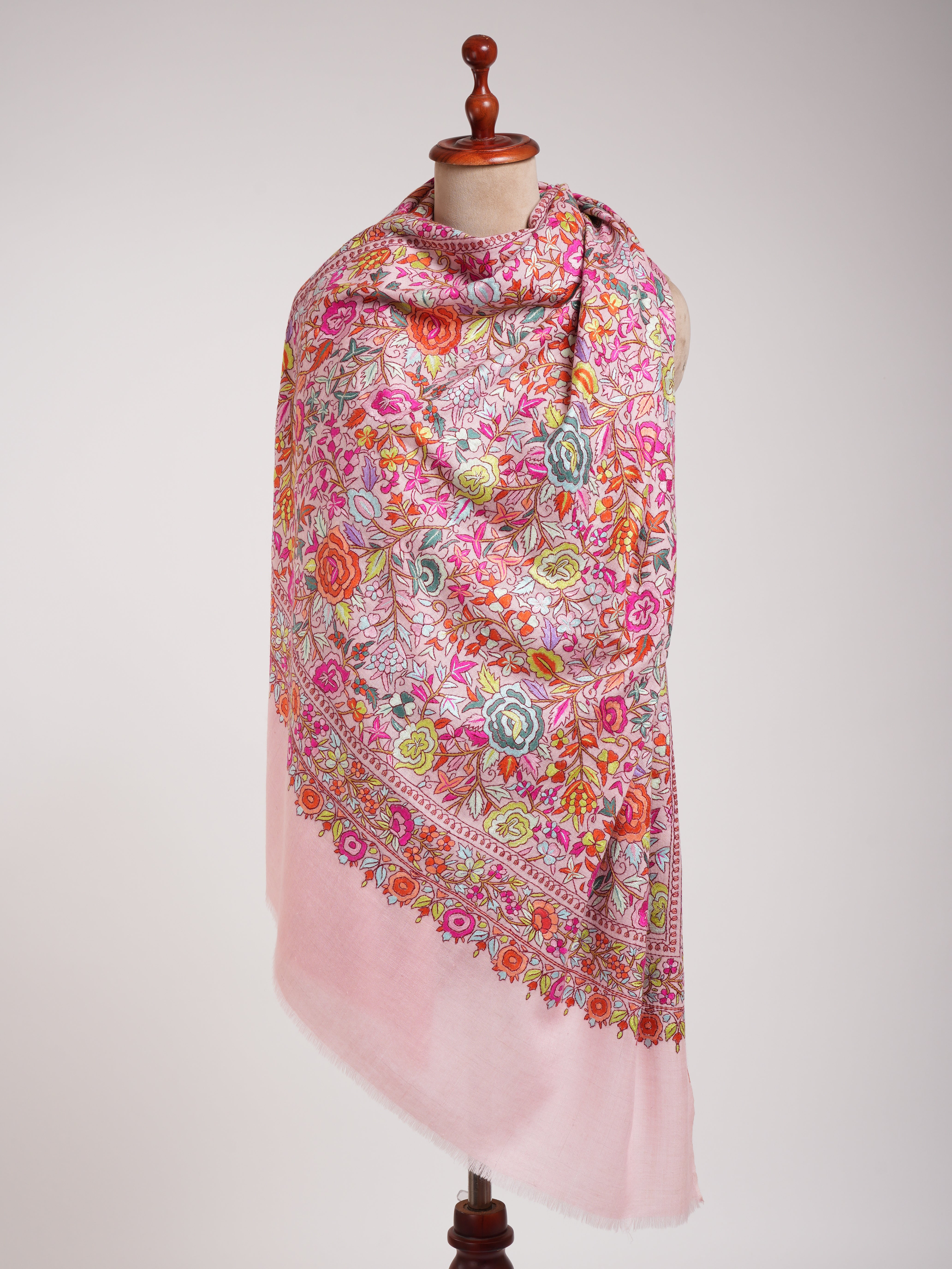 Baby Pink Paper Machie Embroidery Kashmiri Pashmina Shawl