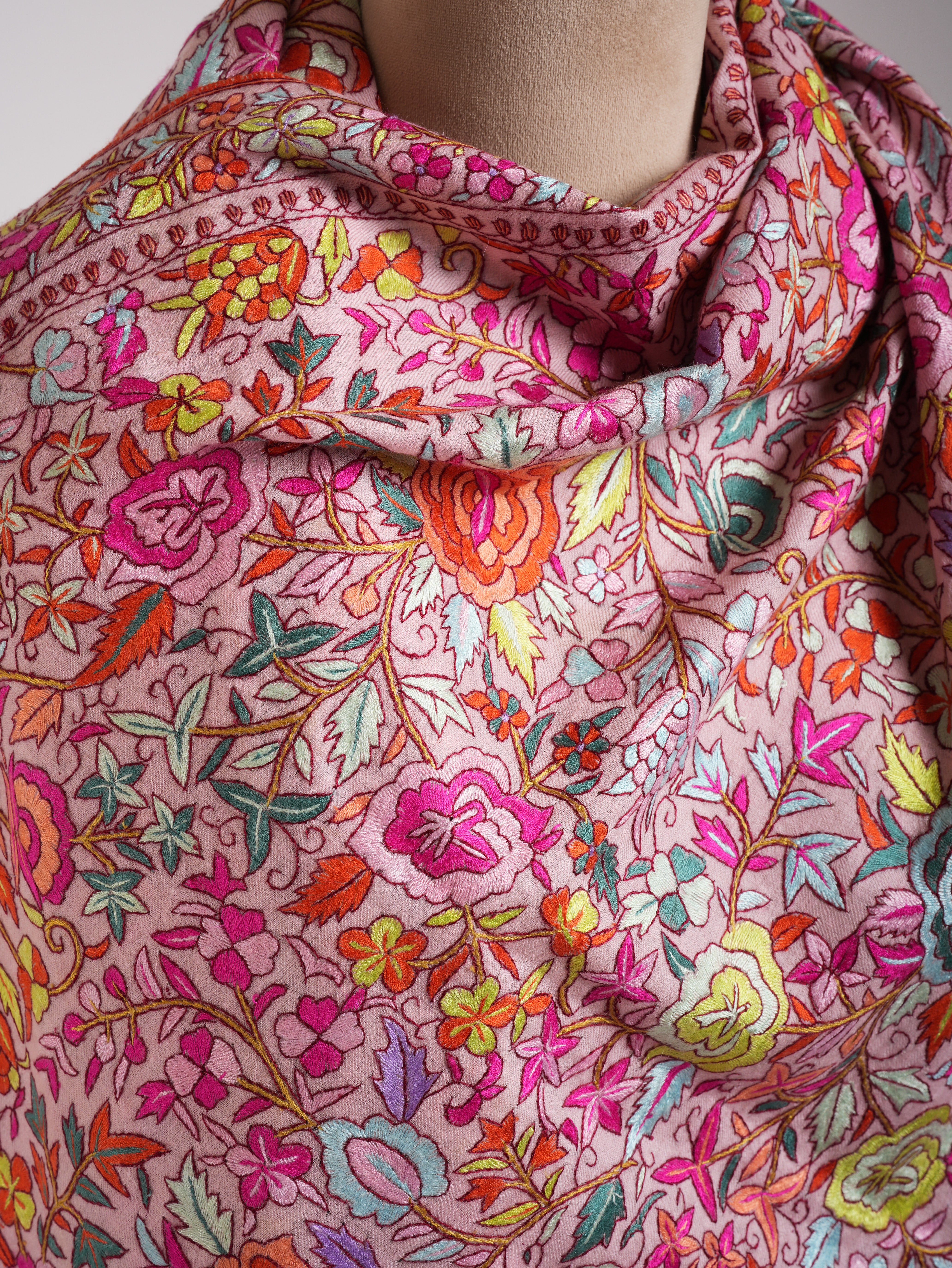 Baby Pink Paper Machie Embroidery Kashmiri Pashmina Shawl
