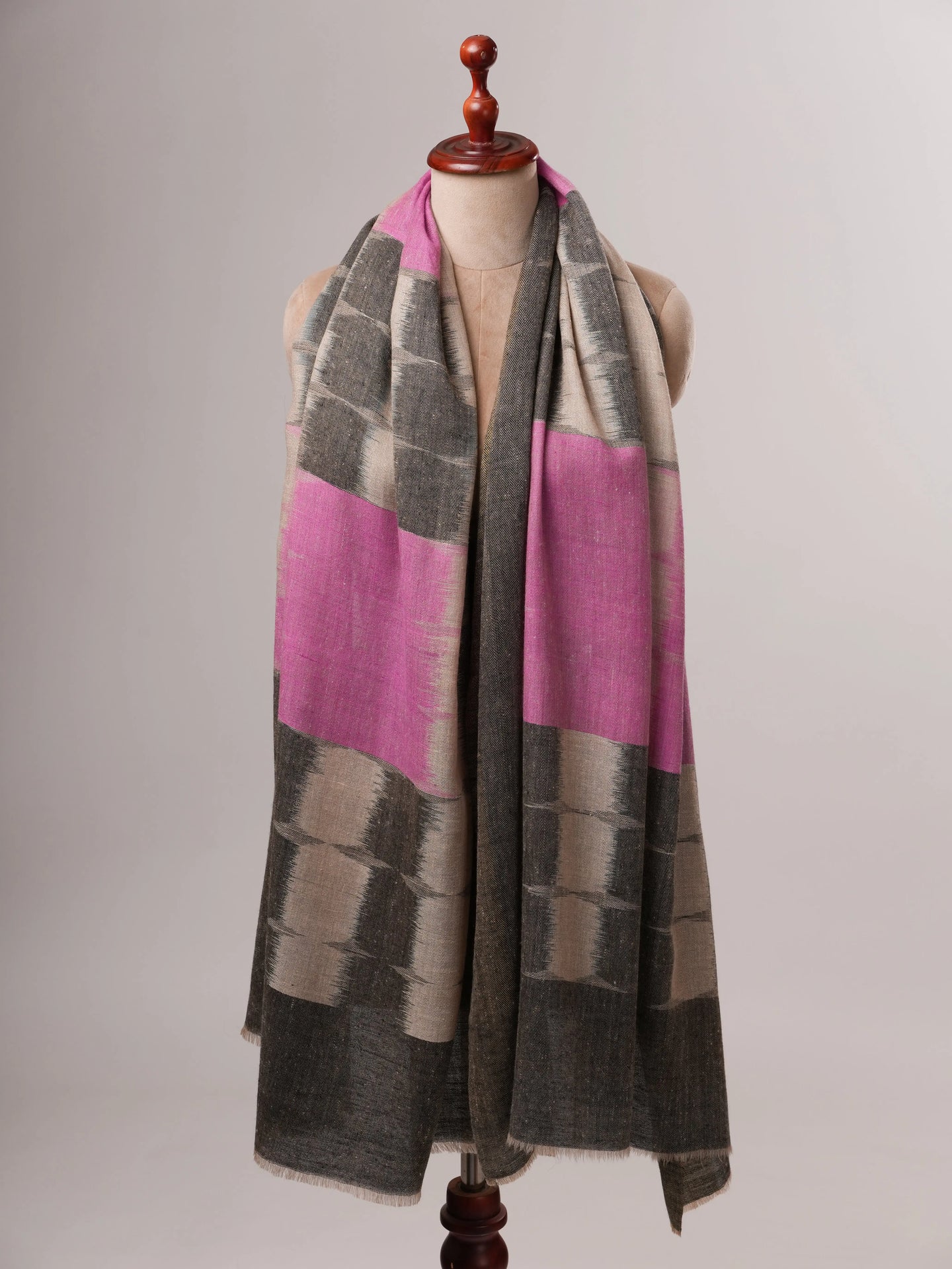 Ikat Handloom Pashmina Shawl in Pink Black with Zari End Detailing Shahkaar