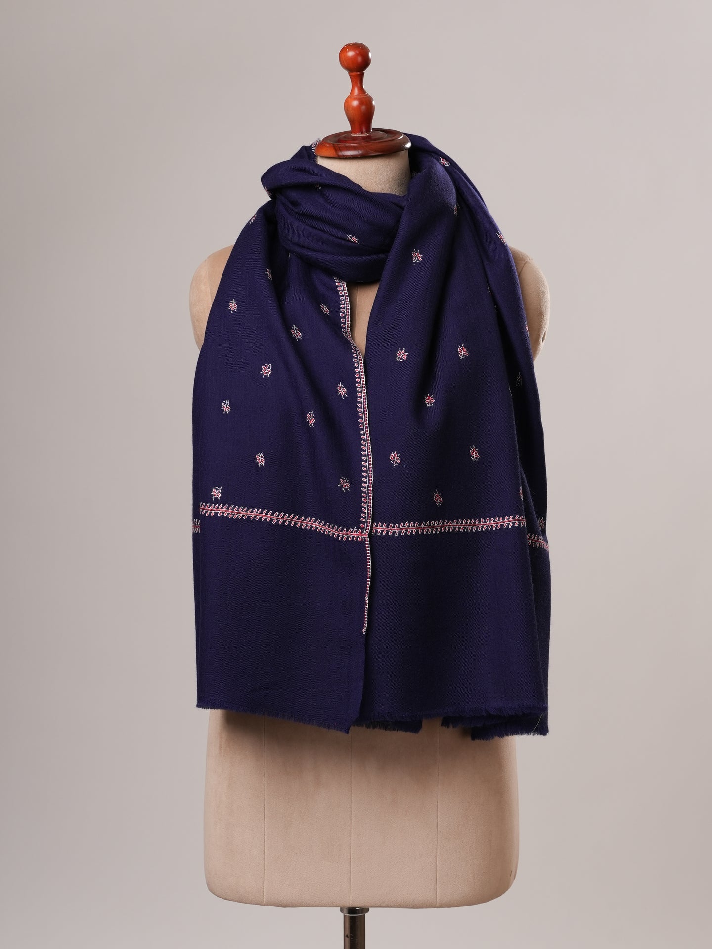 Navy Blue Fine Wool Shawl with Machie Buteh Hand Embroidery Shahkaar