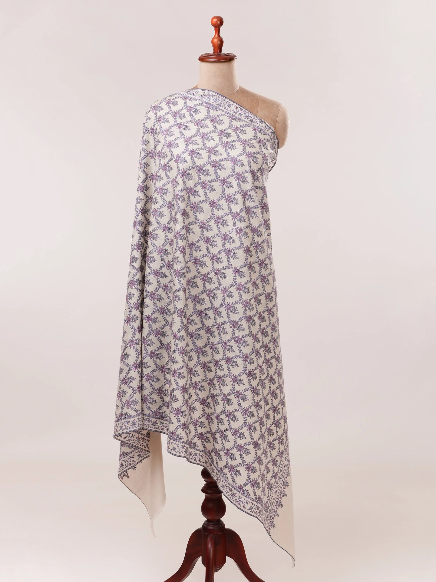 Off White Silk Embroidered Pure Pashmina Neem Jamavar Shawl Shahkaar.com