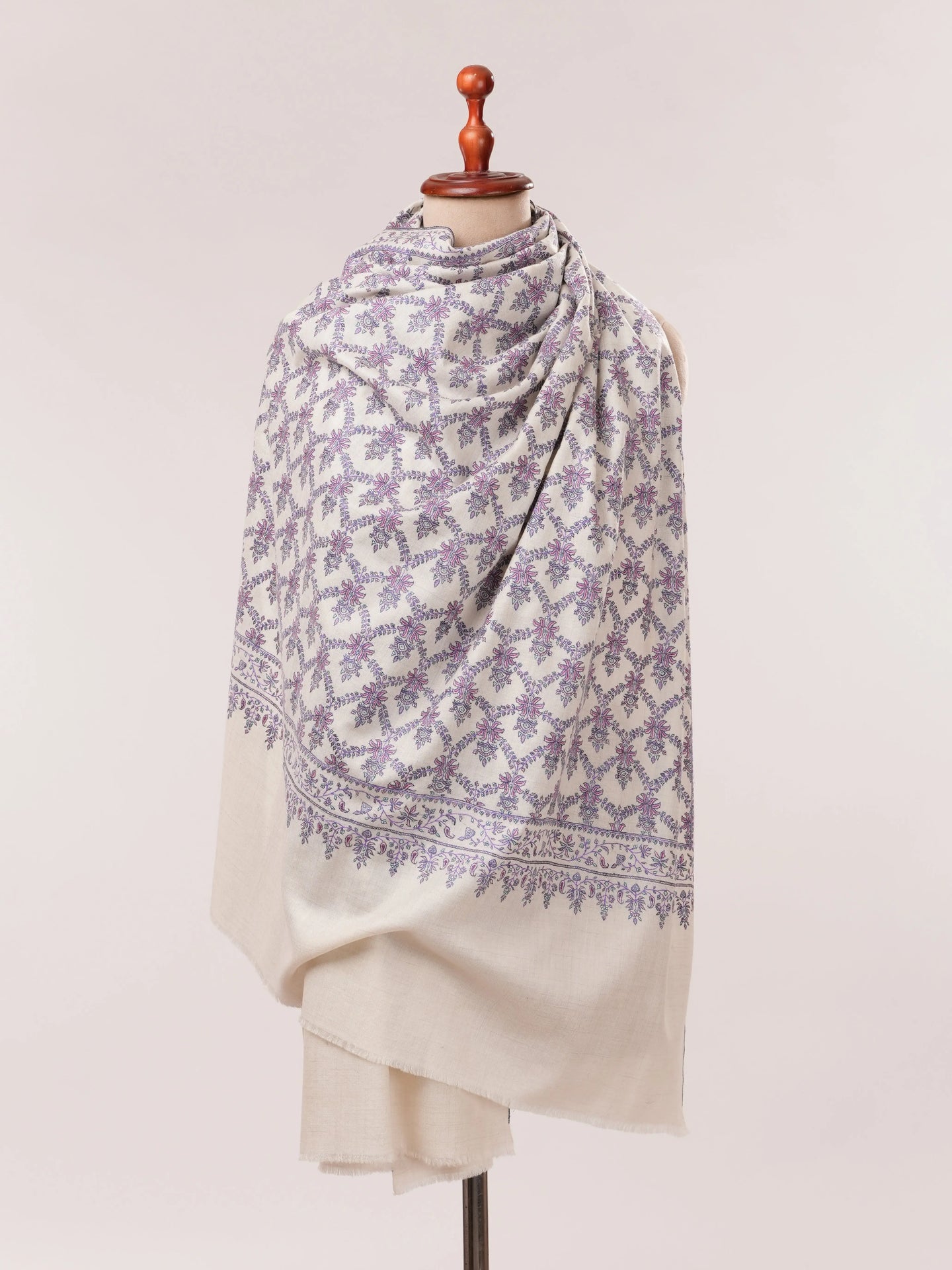 Off White Silk Embroidered Pure Pashmina Neem Jamavar Shawl Shahkaar.com