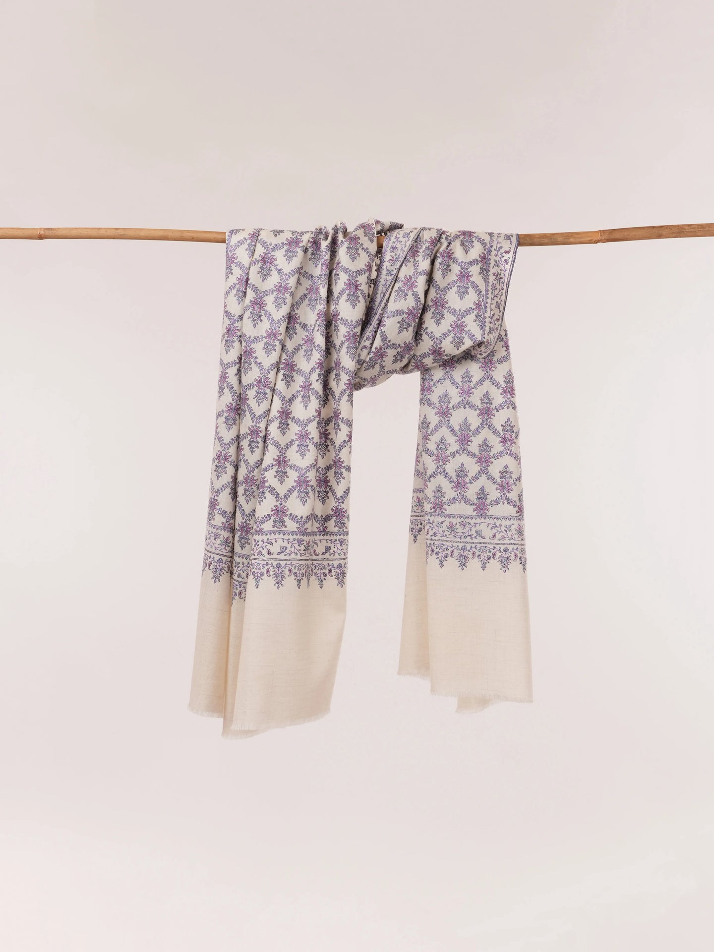 Off White Silk Embroidered Pure Pashmina Neem Jamavar Shawl Shahkaar.com