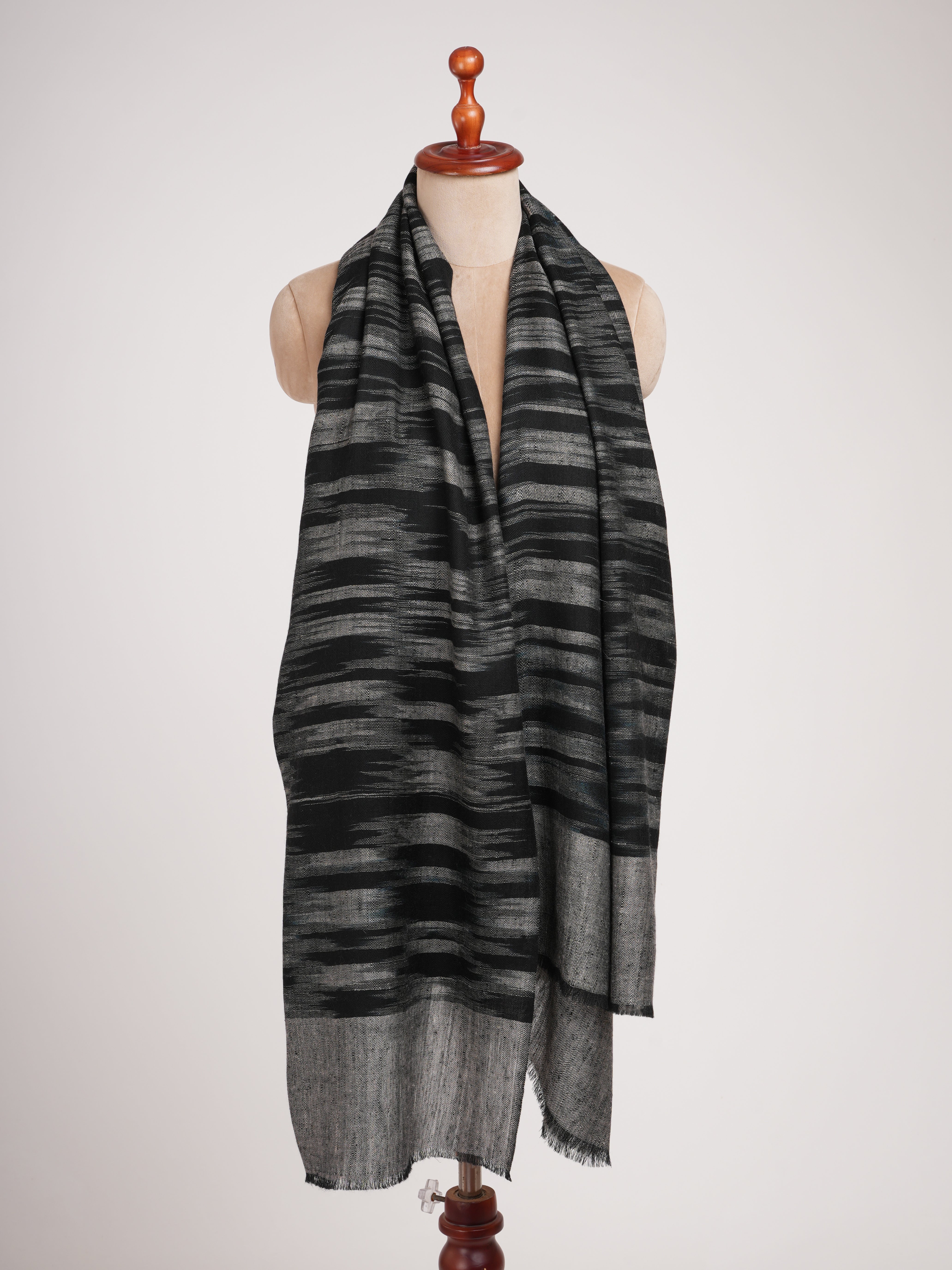 Black and White Handwoven Space Dye Ikat Pashmina Shawl