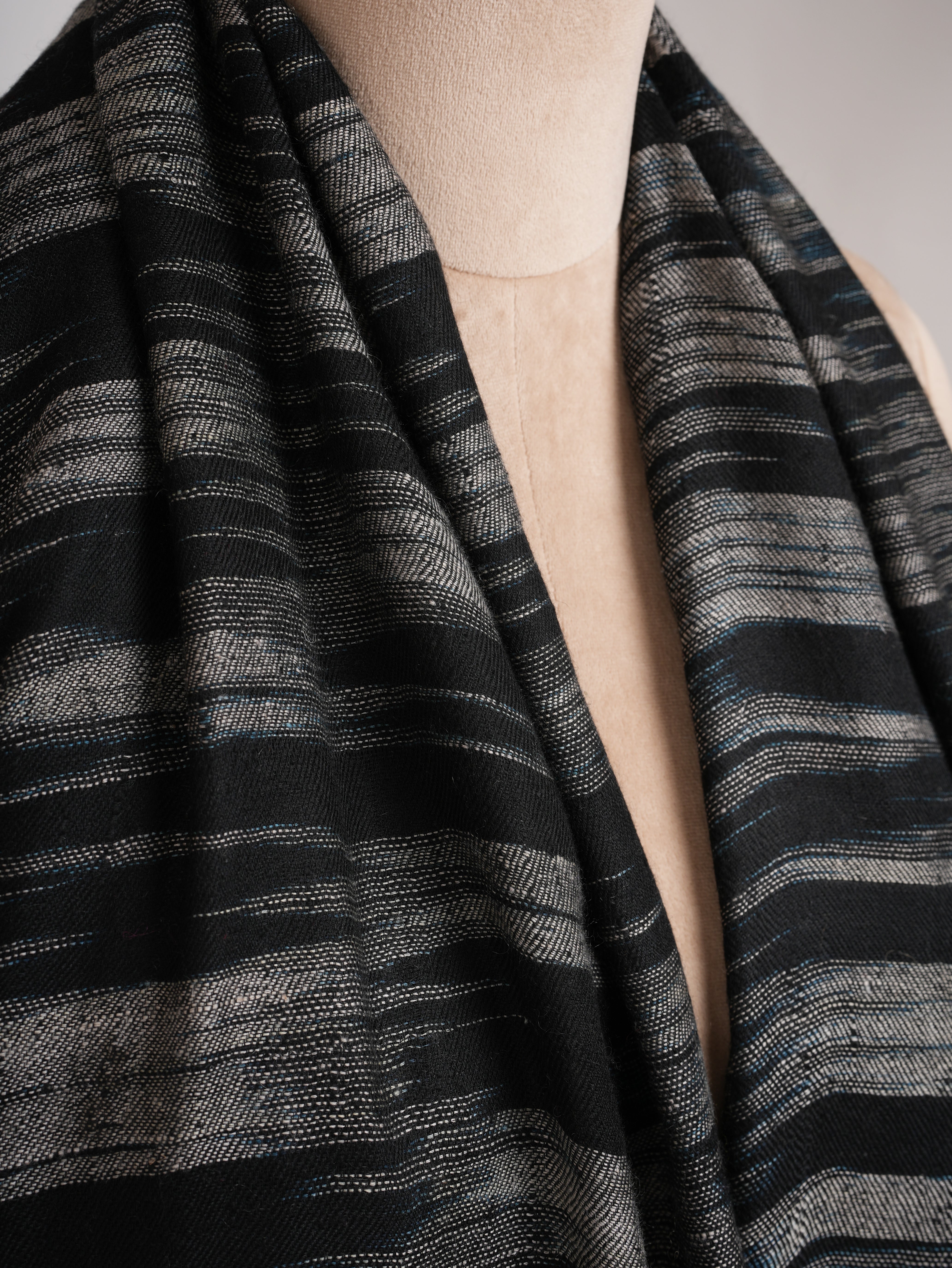 Black and White Handwoven Space Dye Ikat Pashmina Shawl