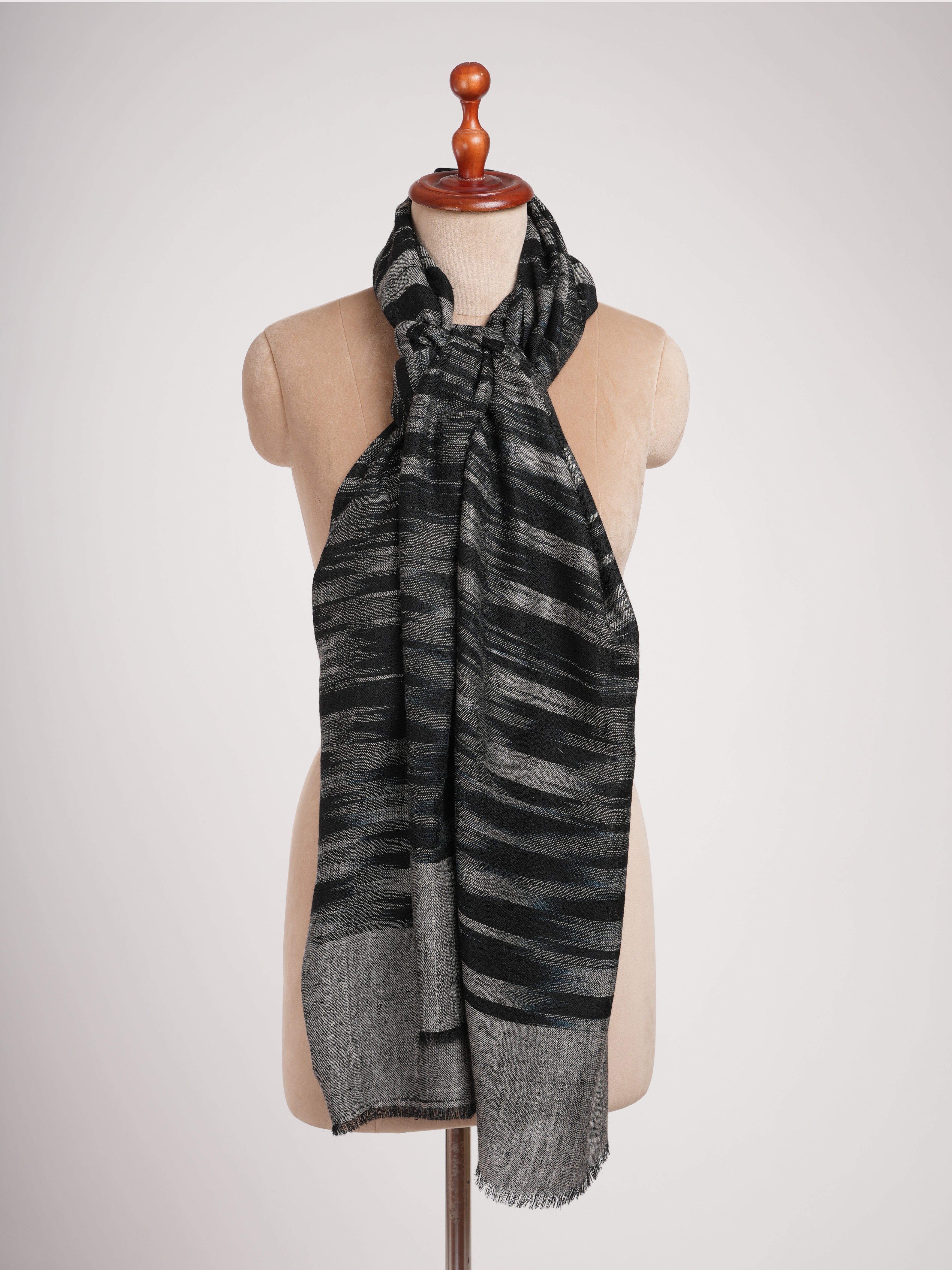 Black and White Handwoven Space Dye Ikat Pashmina Shawl