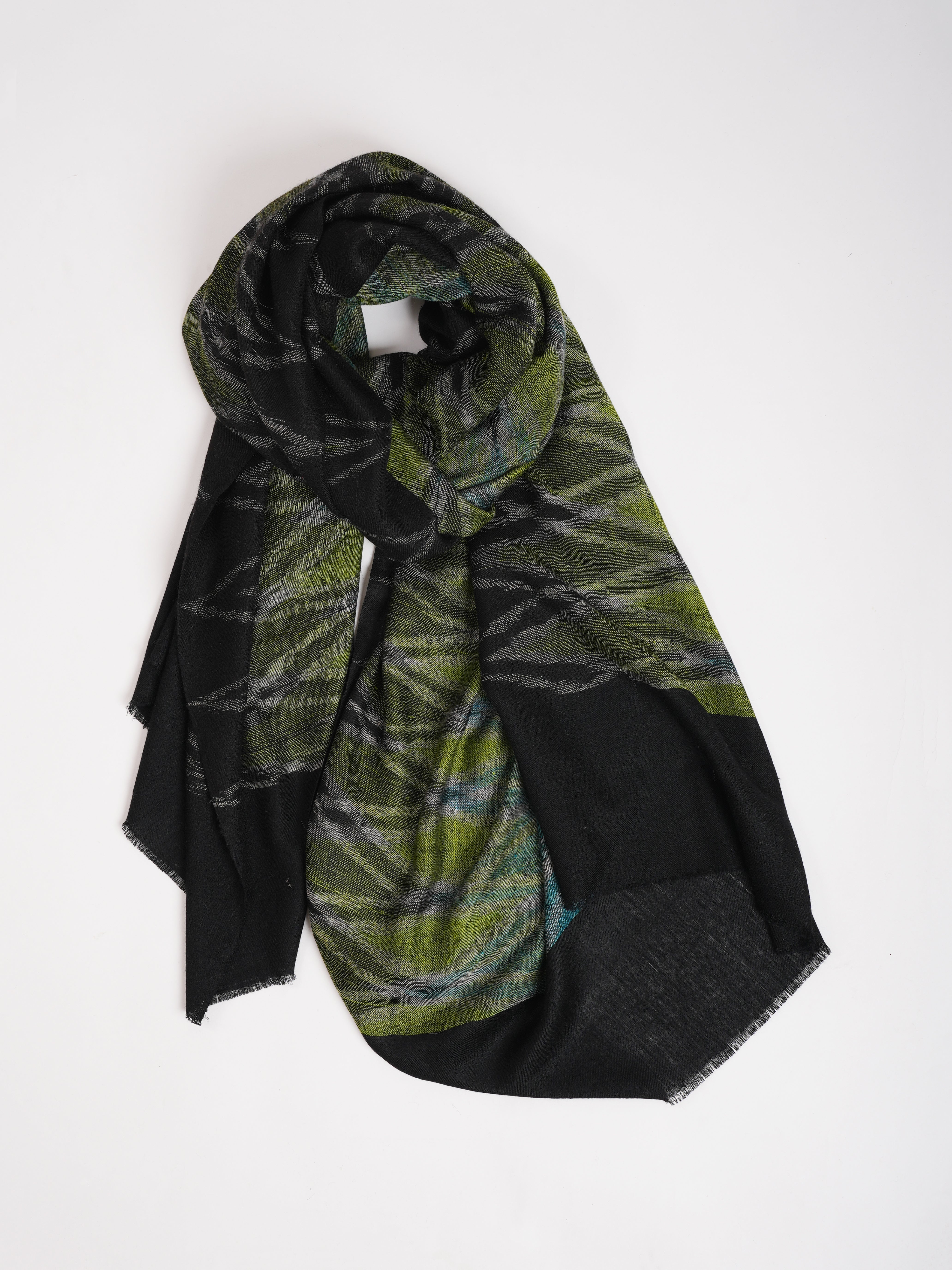 Black Space Dye Ikat Handwoven Pashmina Shawl