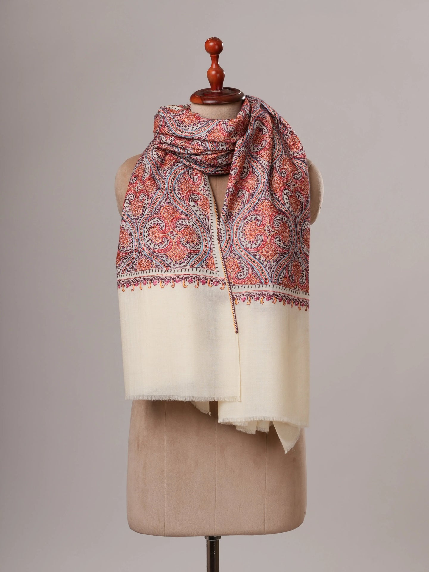 Ivory Hand Embroidered Fine Wool Jamavar Shawl Shahkaar