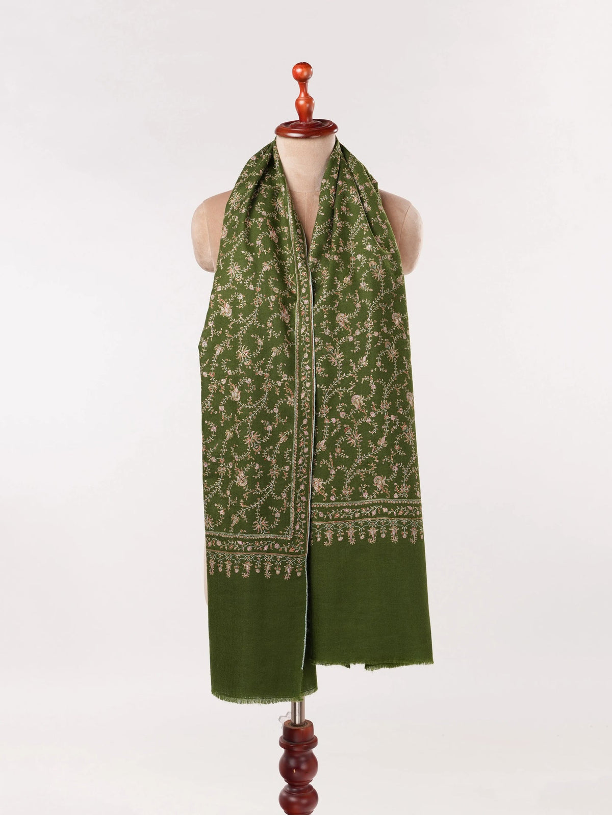 Jali Hand Silk Embroidery on Olive Green Kashmiri Handwoven Pashmina Shawl Shahkaar.com