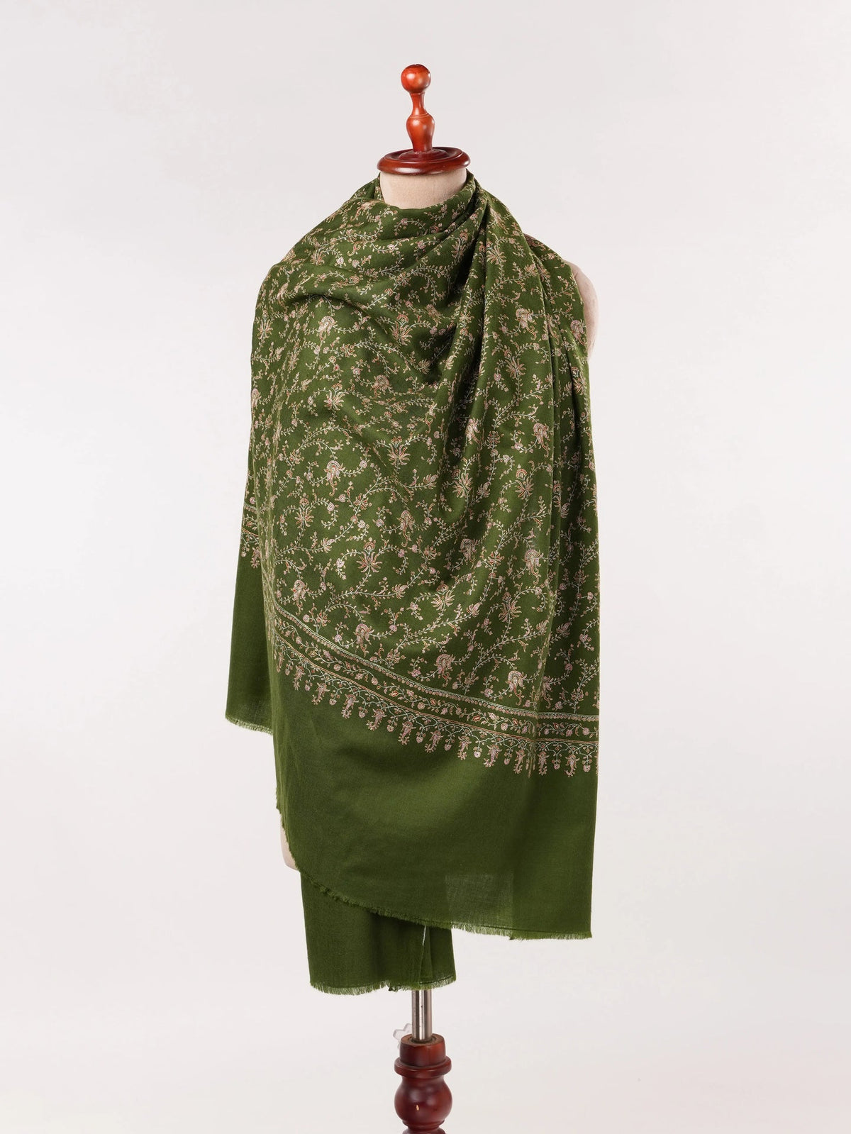 Jali Hand Silk Embroidery on Olive Green Kashmiri Handwoven Pashmina Shawl Shahkaar.com