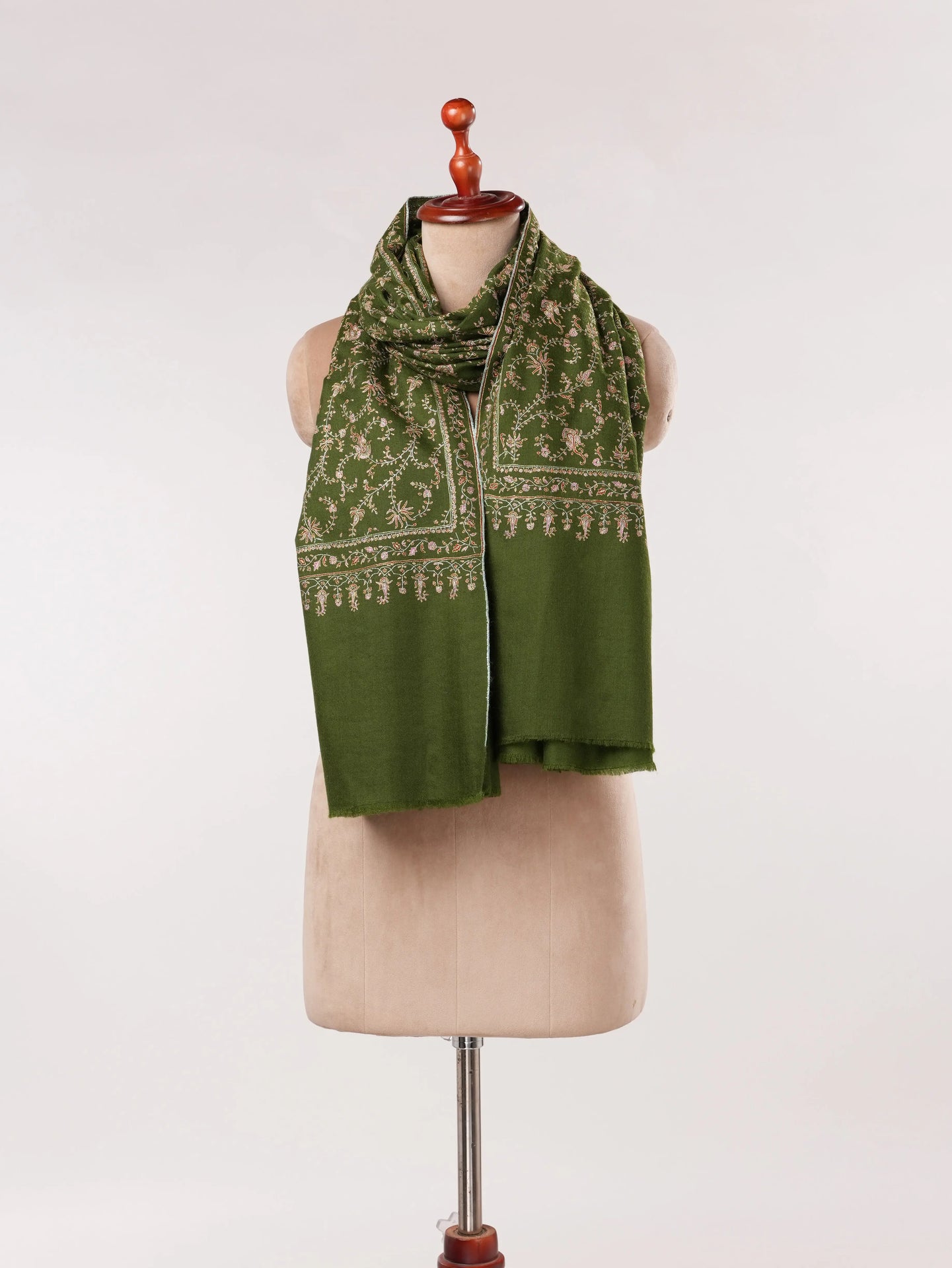 Jali Hand Silk Embroidery on Olive Green Kashmiri Handwoven Pashmina Shawl Shahkaar.com