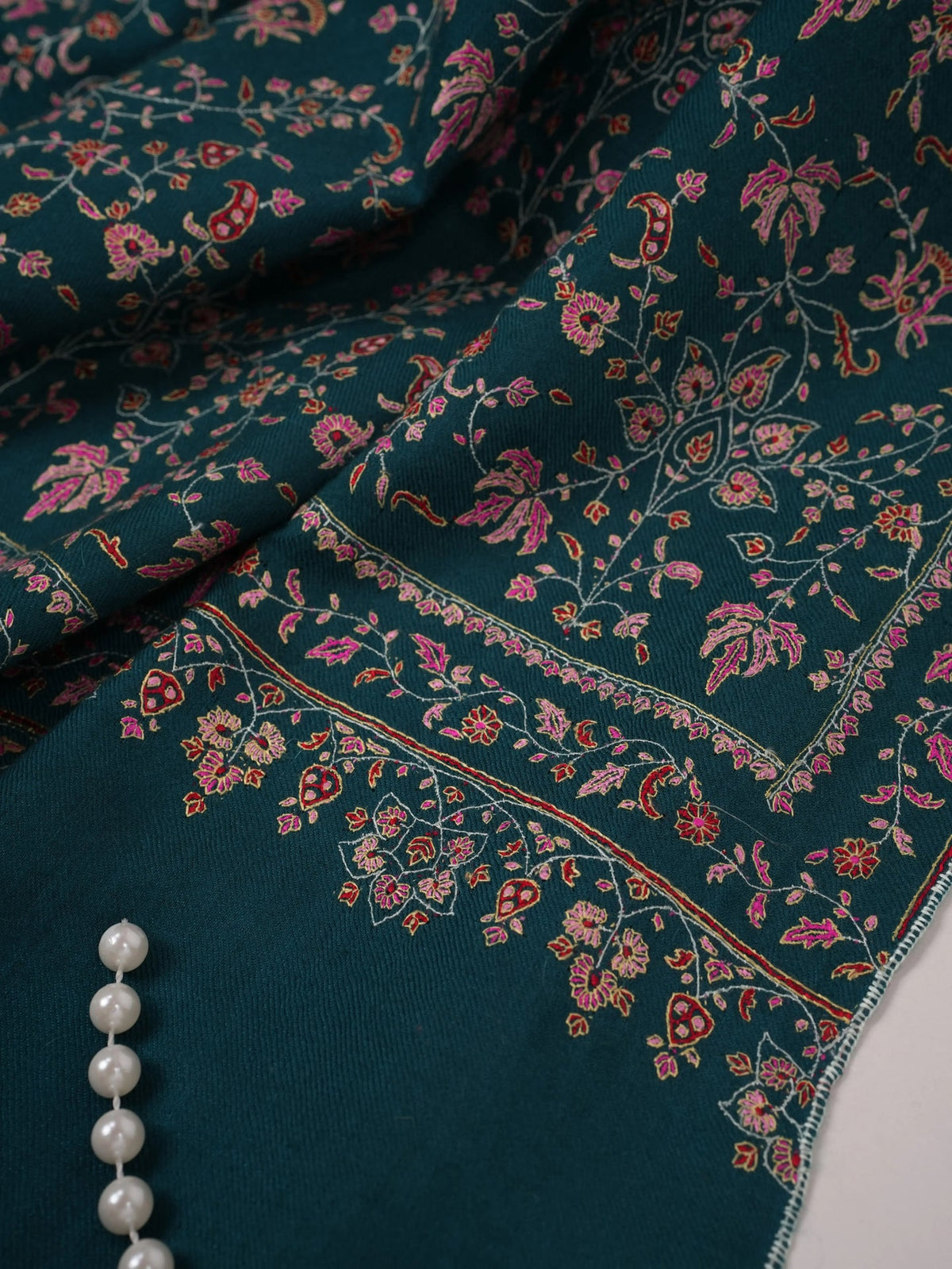 Chinar Jali Hand Silk Embroidery on Peacock Blue Kashmiri Handwoven Pashmina Shawl Shahkaar.com