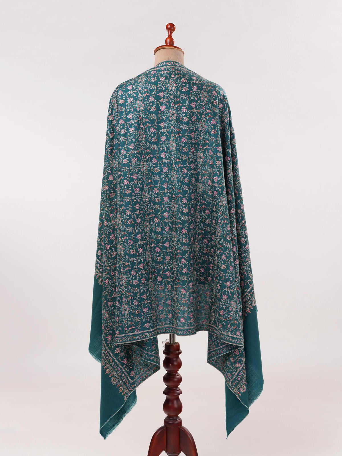 Chinar Jali Hand Silk Embroidery on Peacock Blue Kashmiri Handwoven Pashmina Shawl Shahkaar.com