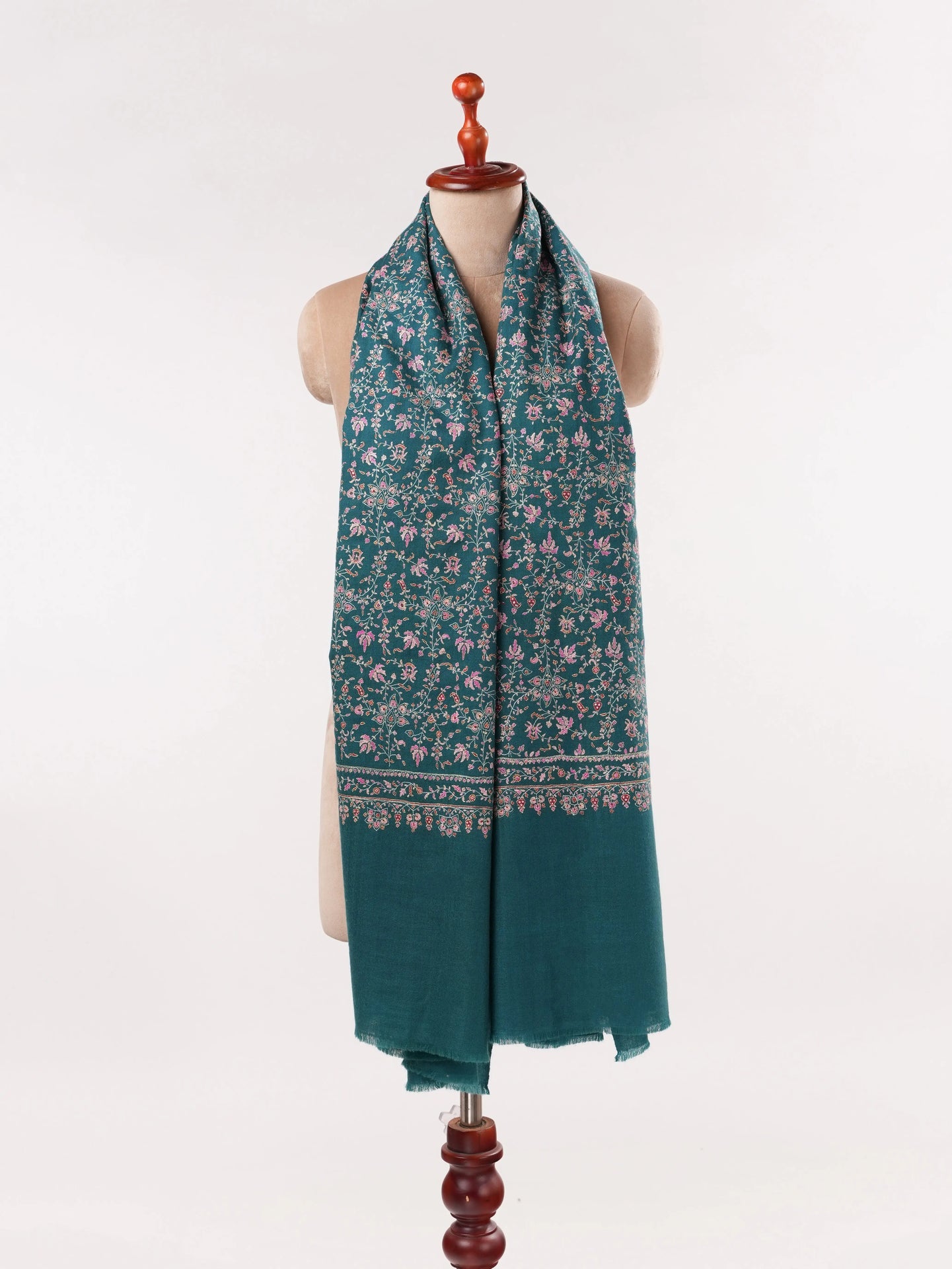 Chinar Jali Hand Silk Embroidery on Peacock Blue Kashmiri Handwoven Pashmina Shawl Shahkaar.com