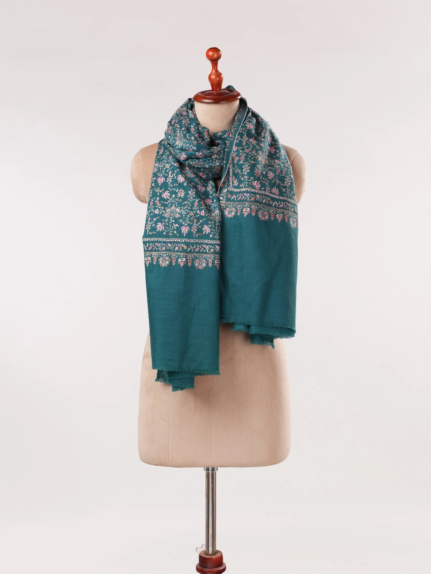 Chinar Jali Hand Silk Embroidery on Peacock Blue Kashmiri Handwoven Pashmina Shawl Shahkaar.com