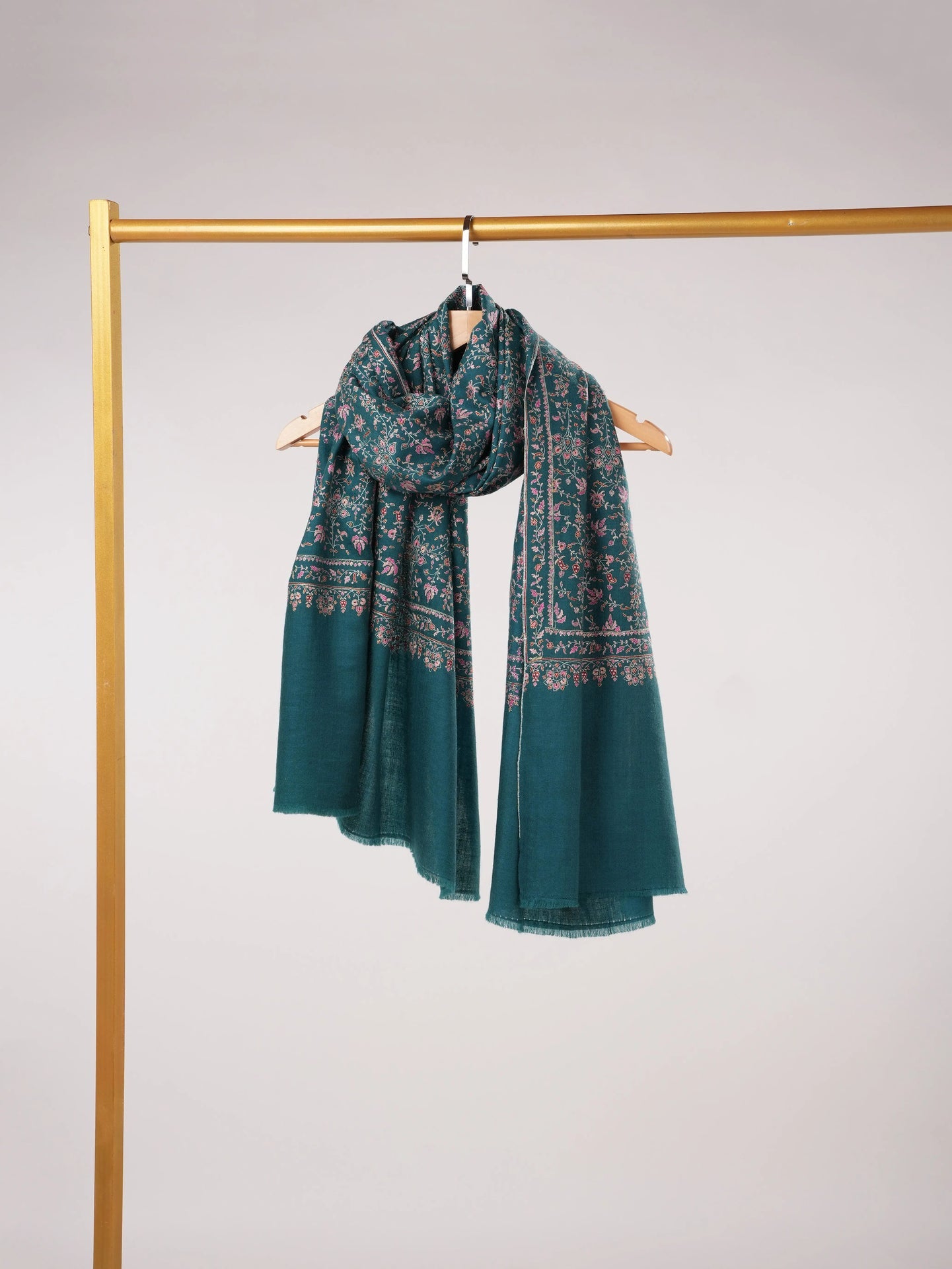 Chinar Jali Hand Silk Embroidery on Peacock Blue Kashmiri Handwoven Pashmina Shawl Shahkaar.com