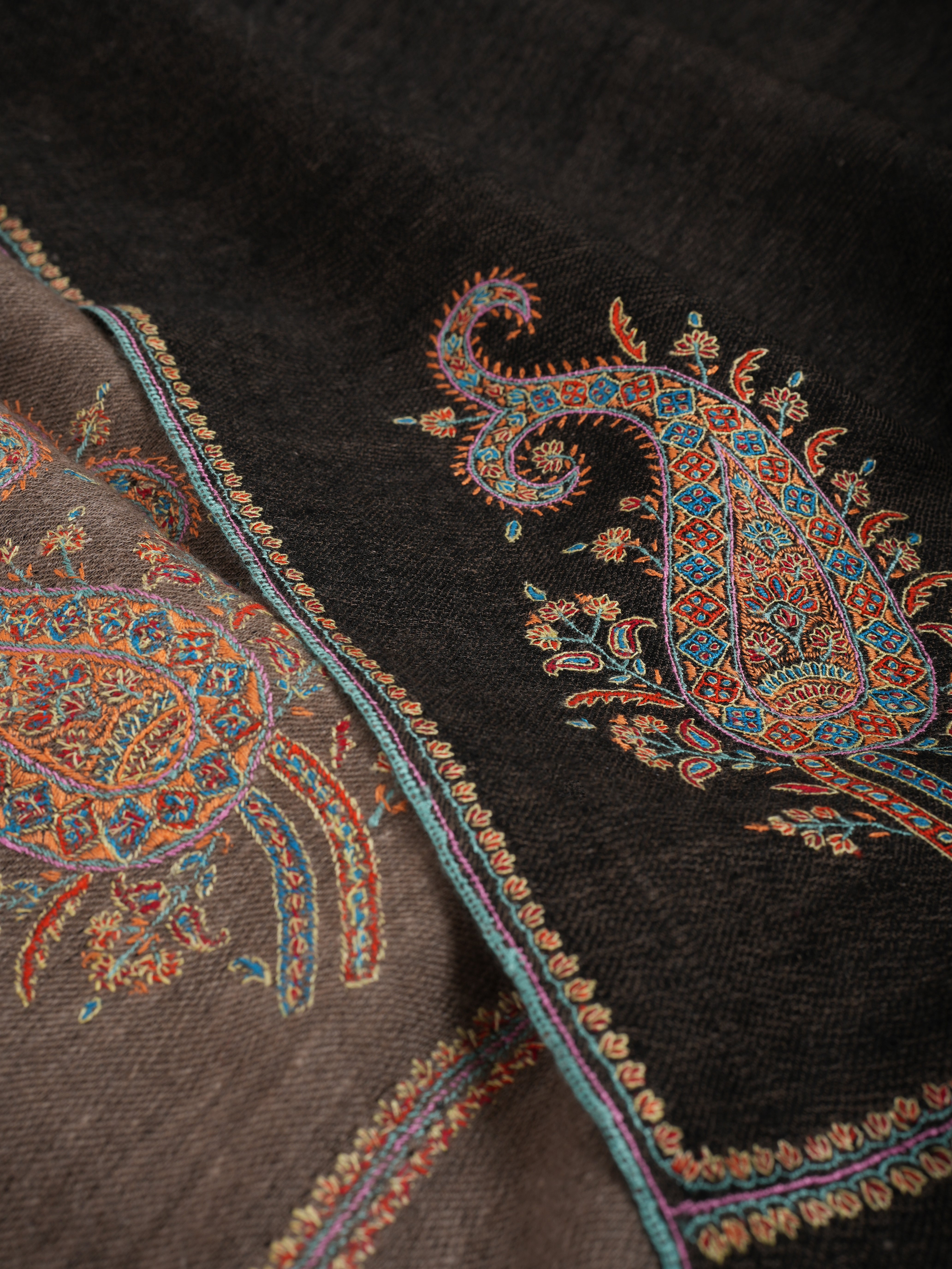 Black Beige Dorukha Pashmina Shawl with Paisley Buteh Embroidery