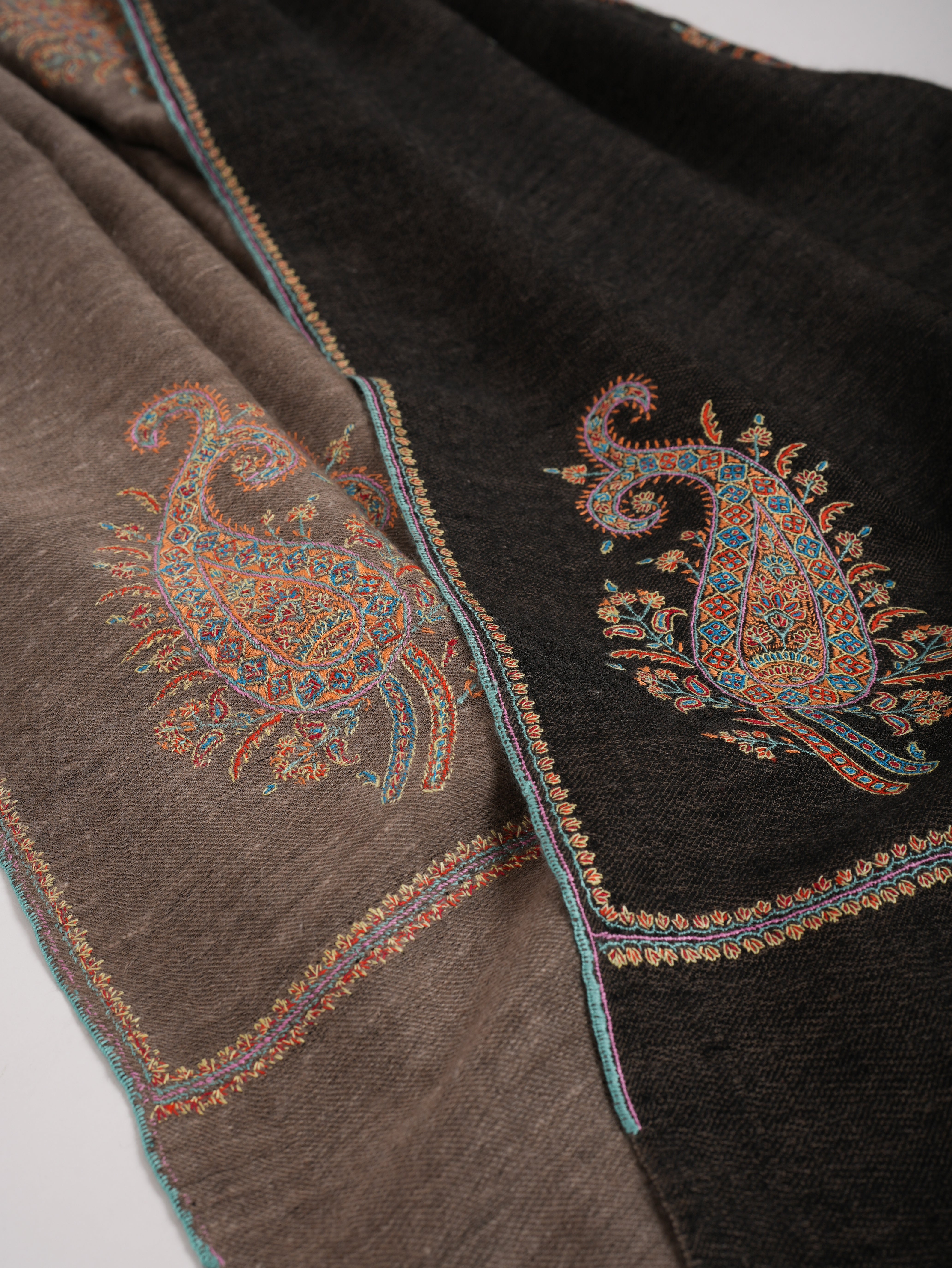 Black Beige Dorukha Pashmina Shawl with Paisley Buteh Embroidery