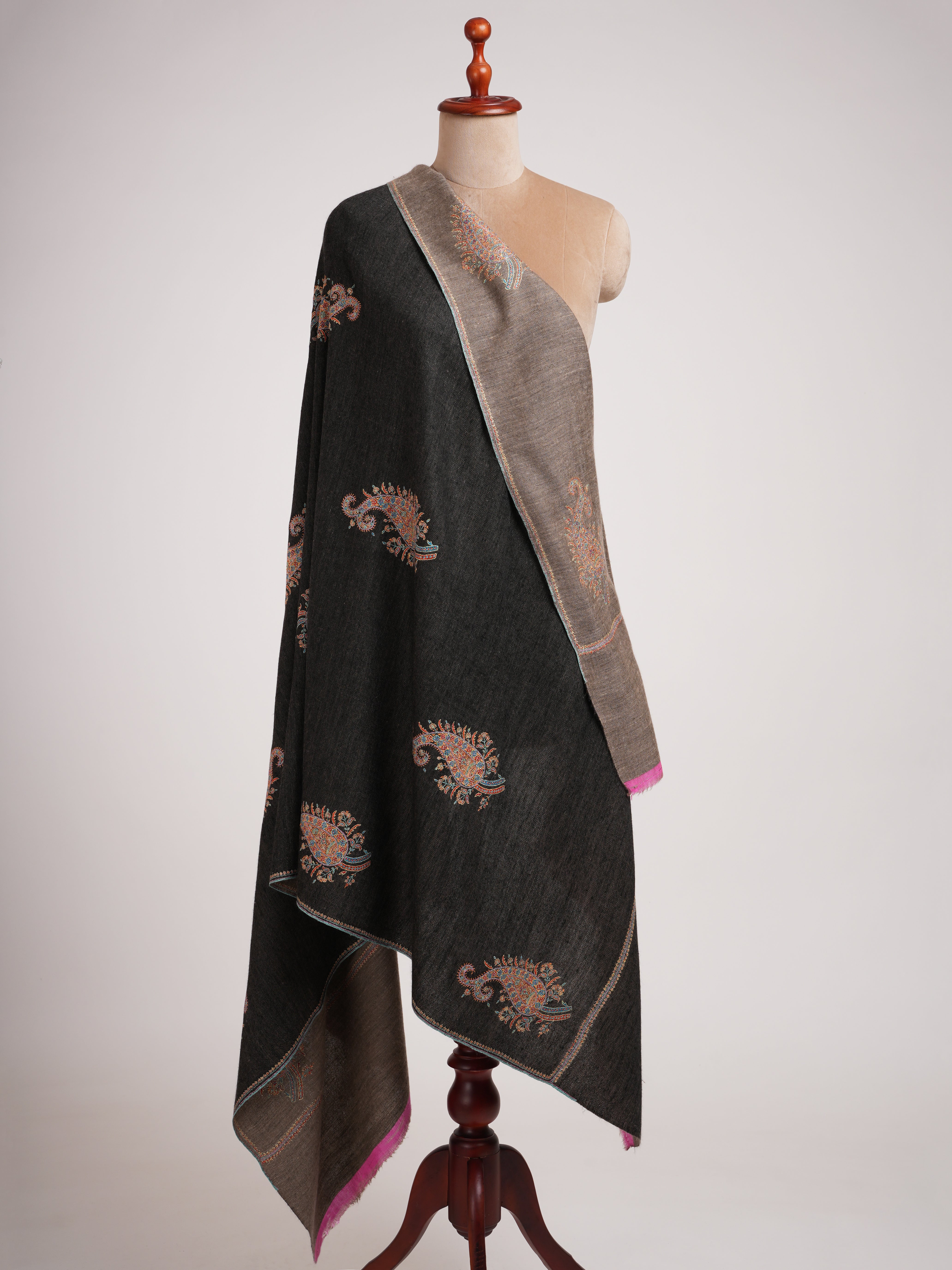 Black Beige Dorukha Pashmina Shawl with Paisley Buteh Embroidery