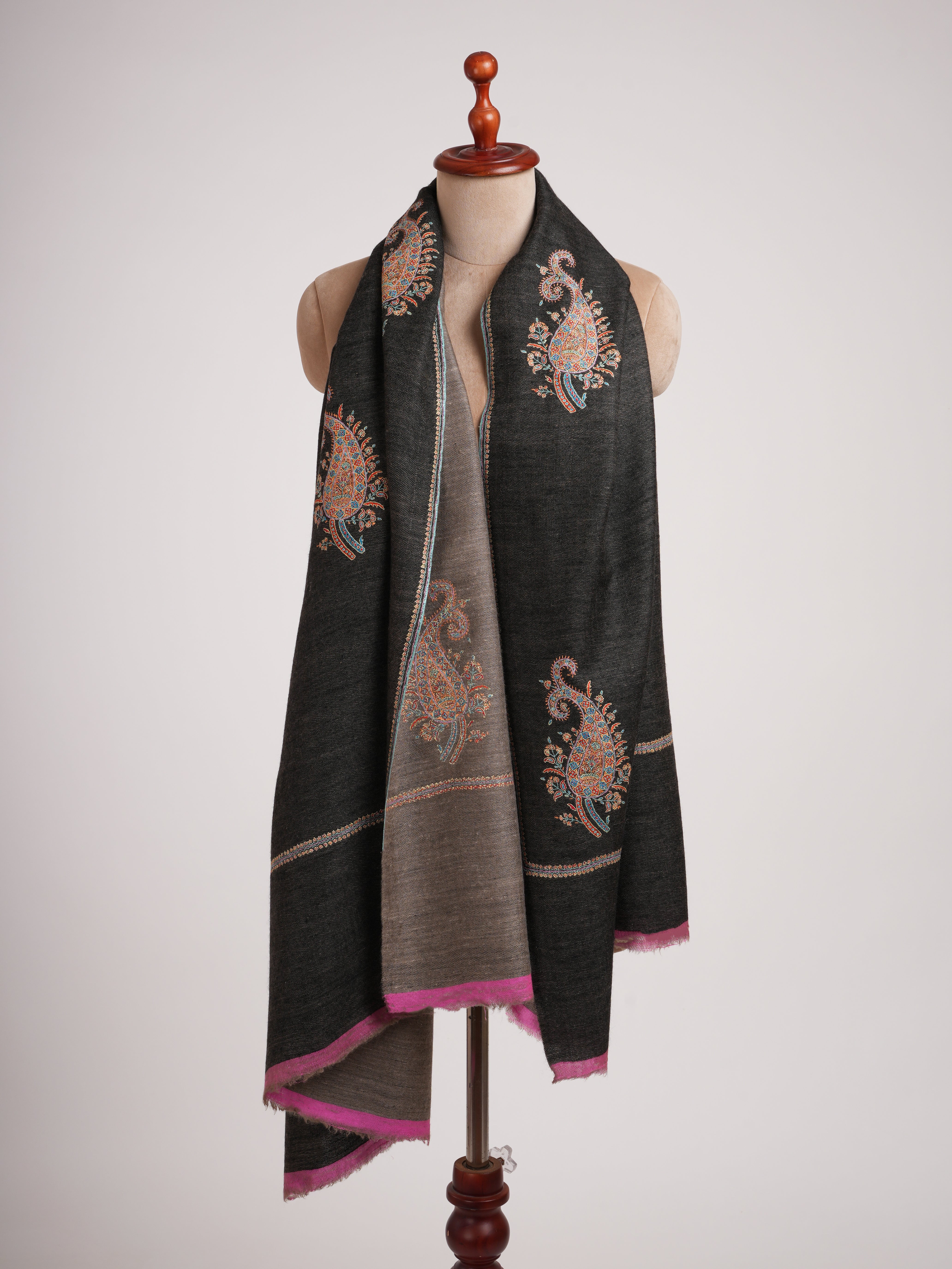 Black Beige Dorukha Pashmina Shawl with Paisley Buteh Embroidery