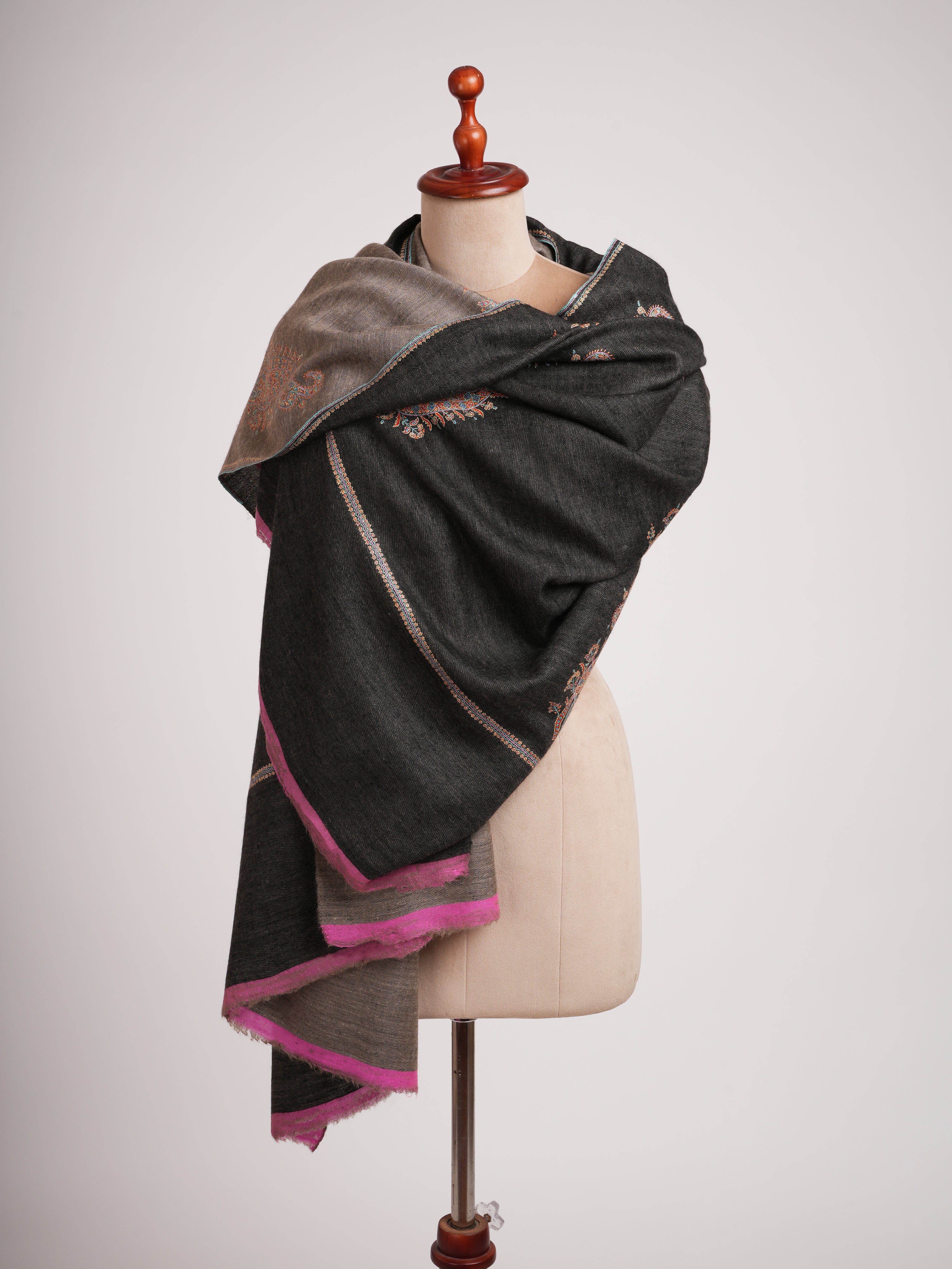 Black Beige Dorukha Pashmina Shawl with Paisley Buteh Embroidery
