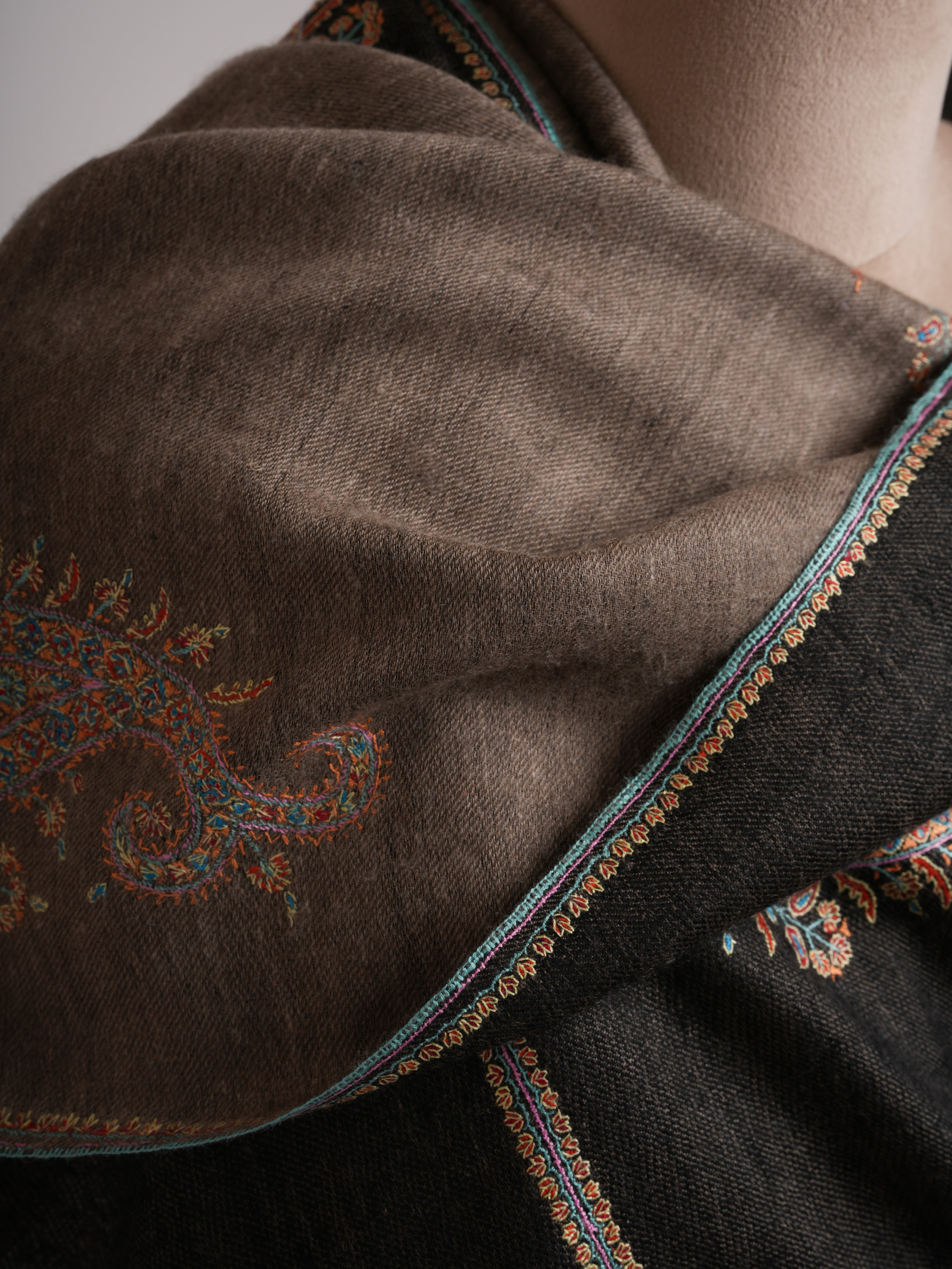 Black Beige Dorukha Pashmina Shawl with Paisley Buteh Embroidery