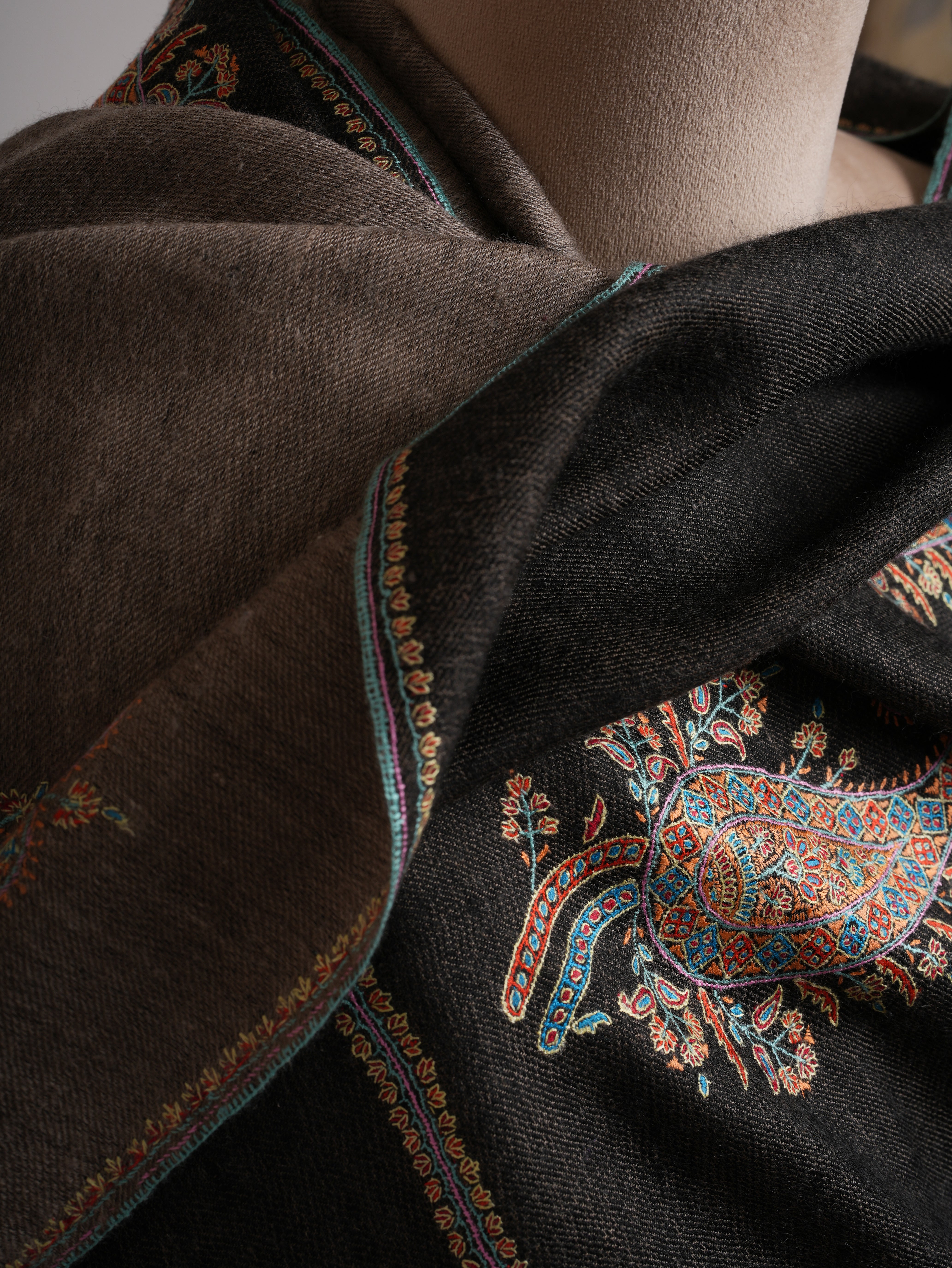 Black Beige Dorukha Pashmina Shawl with Paisley Buteh Embroidery