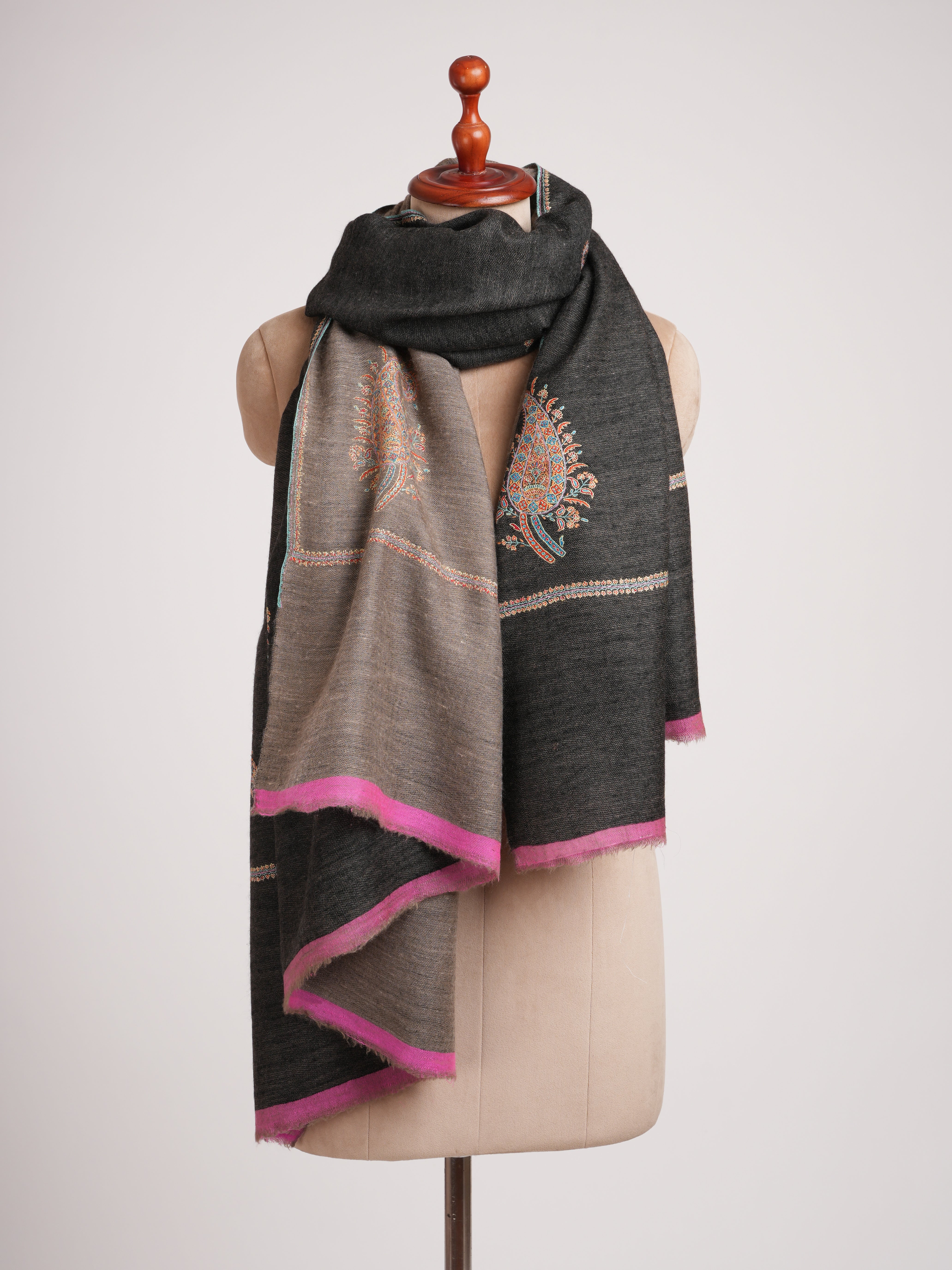 Black Beige Dorukha Pashmina Shawl with Paisley Buteh Embroidery