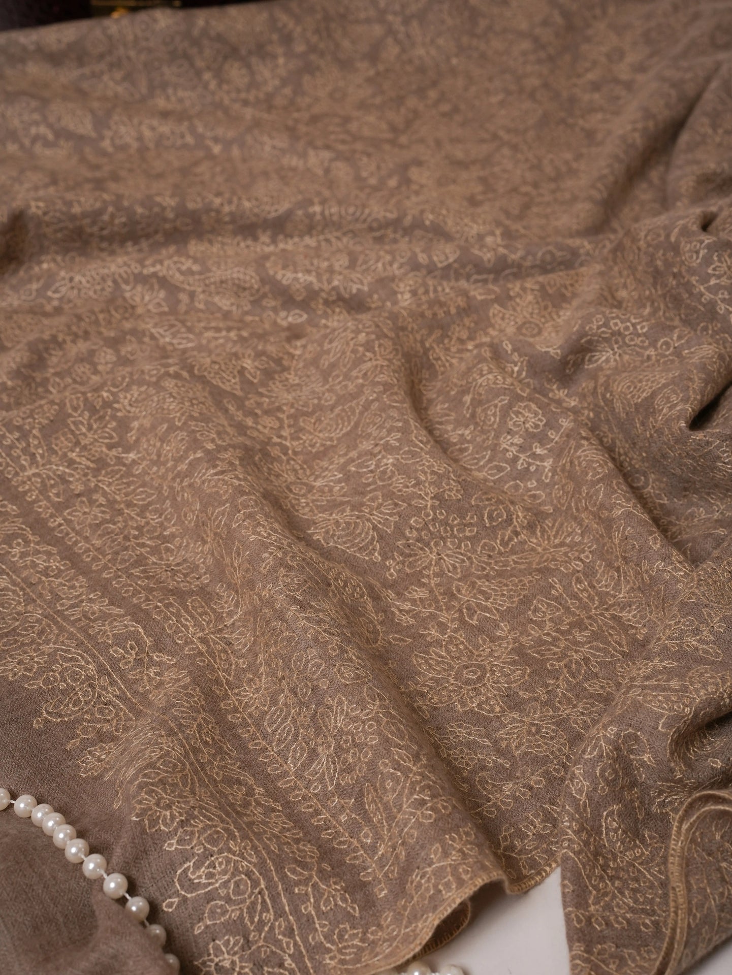 Oversized Jali Embroidered Natural Grey Handwoven Pashmina Shawl Shahkaar Global