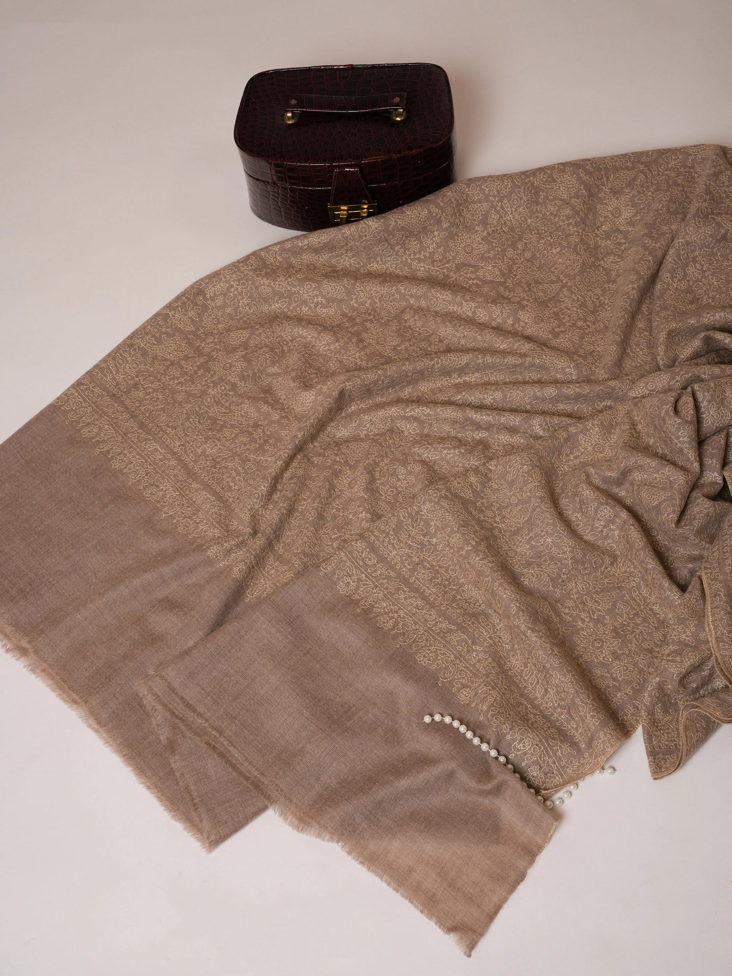 Oversized Jali Embroidered Natural Grey Handwoven Pashmina Shawl Shahkaar Global