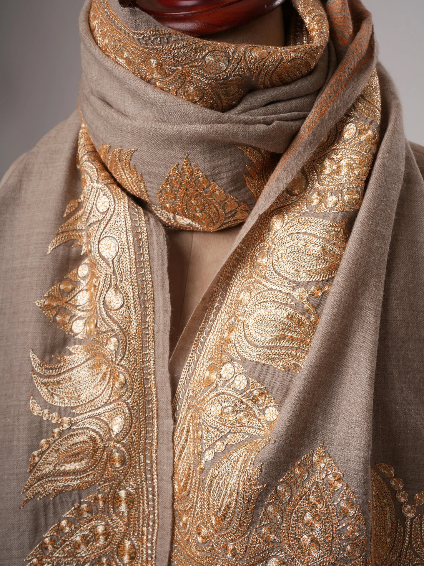 Natural Soft Pashmina Shawl with Daurdar Gold Tilla Hand Embroidery Shahkaar