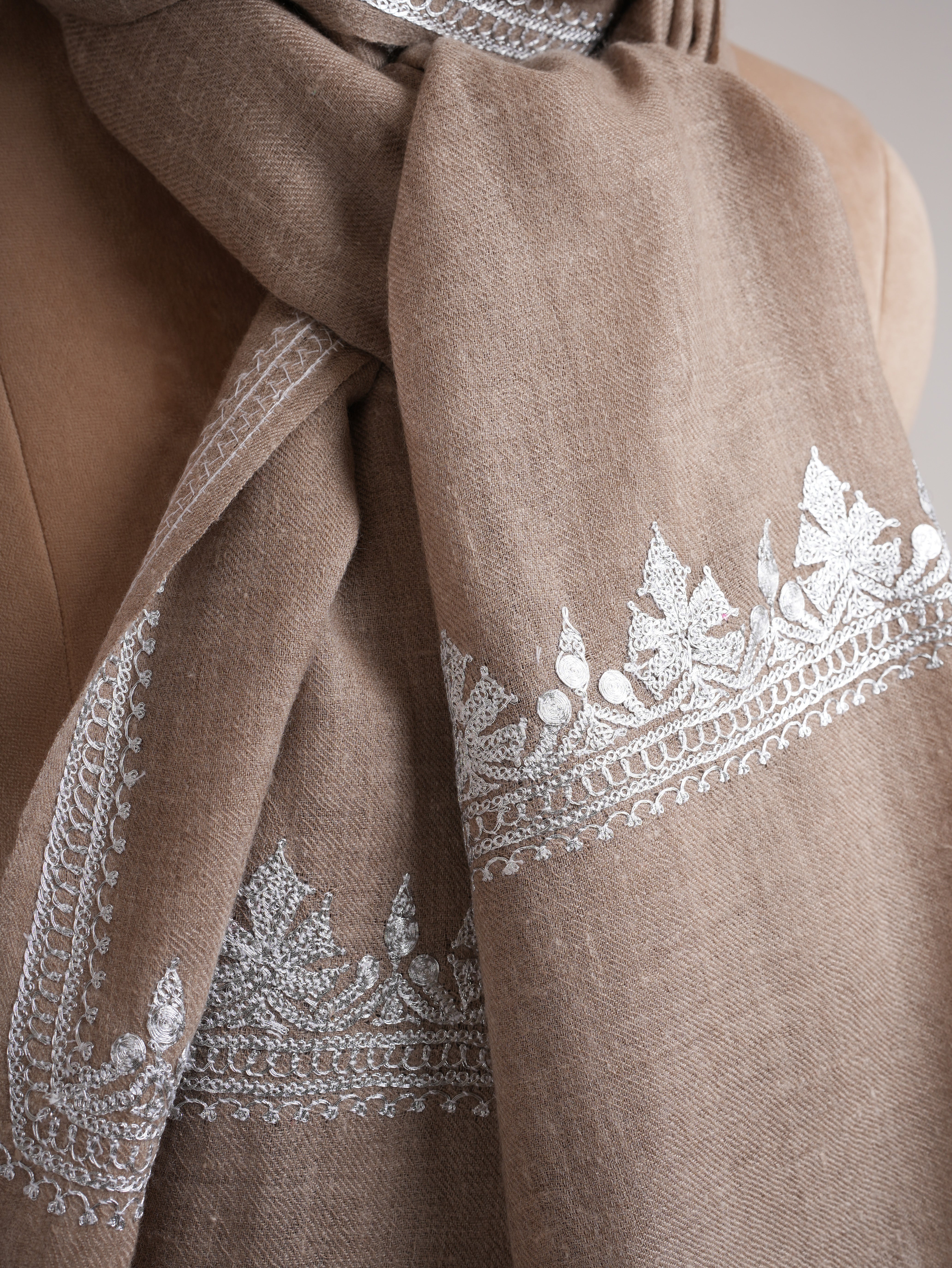Natural Grey Cashmere Wrap with Timeless Silver Embroidery