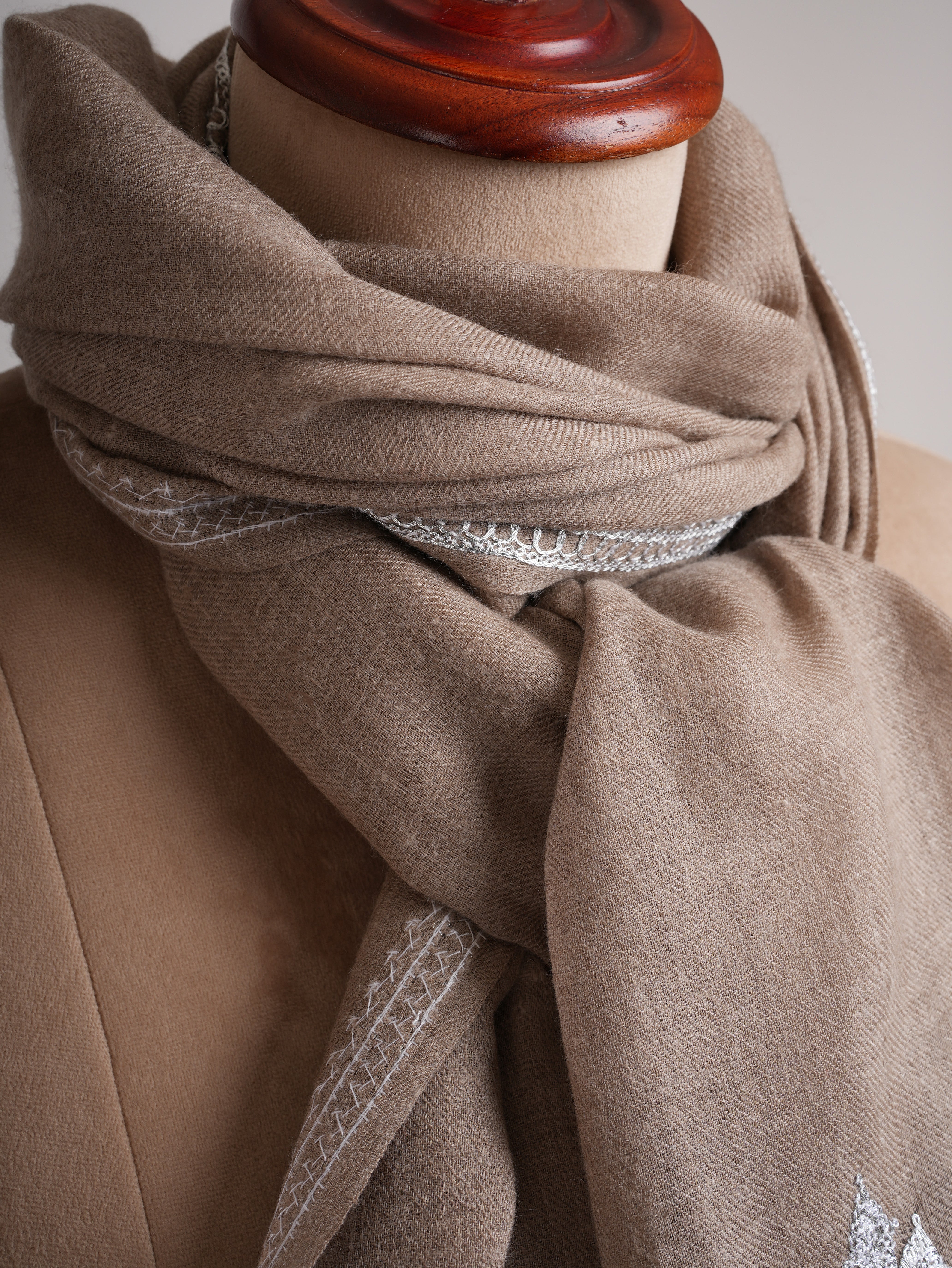 Natural Grey Cashmere Wrap with Timeless Silver Embroidery